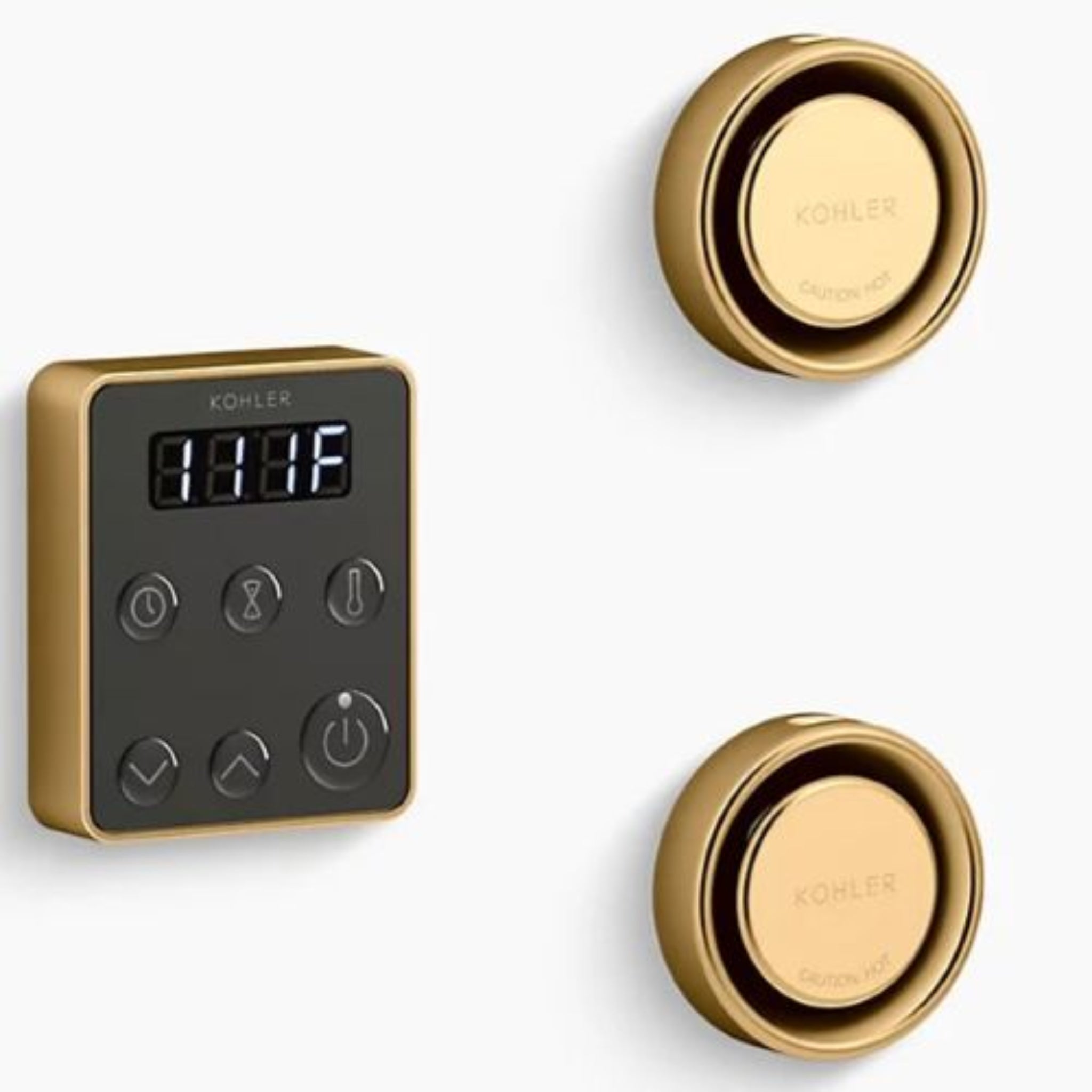 Kohler steam generator control kit featuring digital display and two temperature control knobs in gold finish.