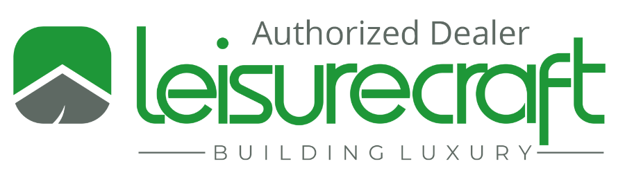 Leisurecraft logo with green and gray design on a white background