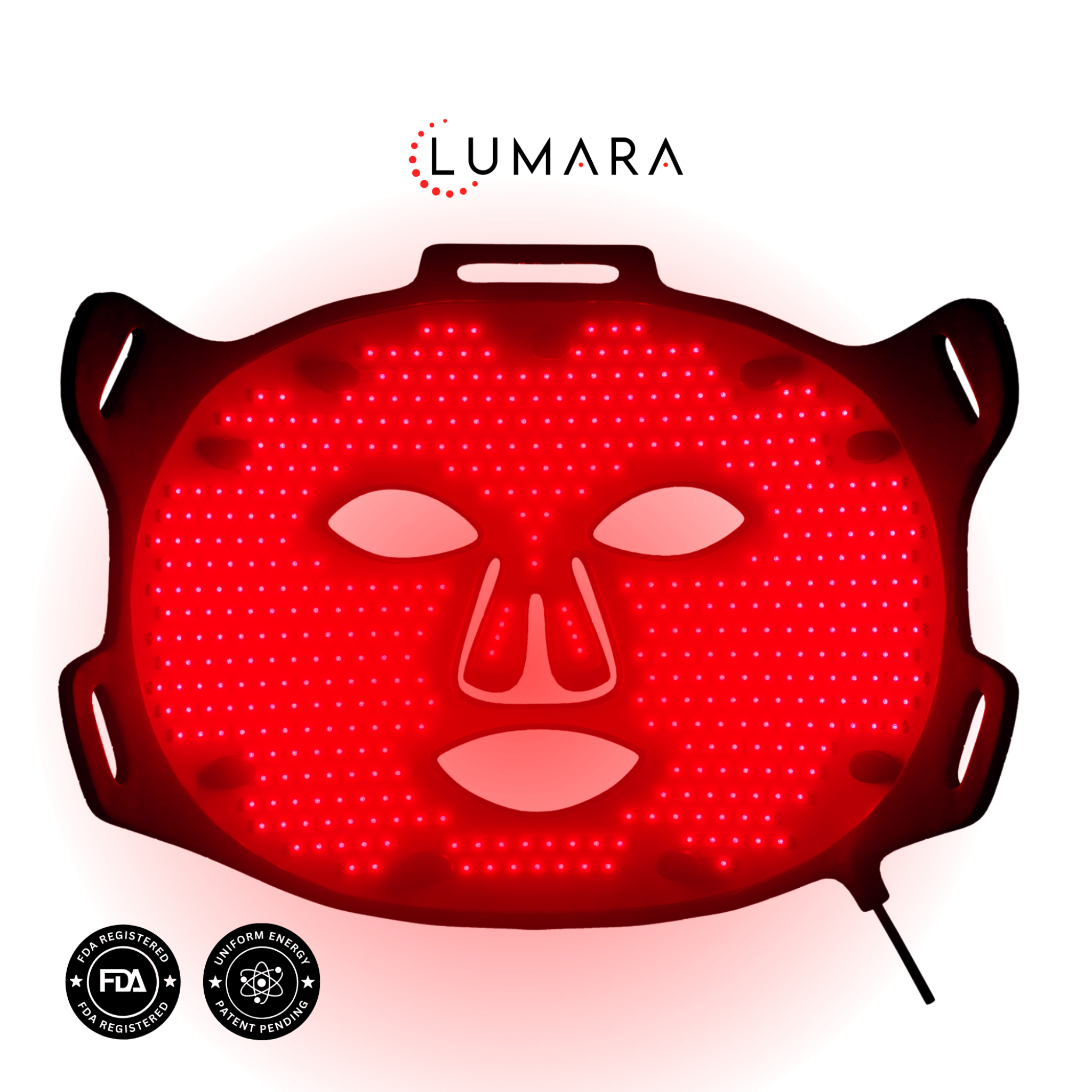 Red LED face mask with 'LUMARA' branding on a white background
