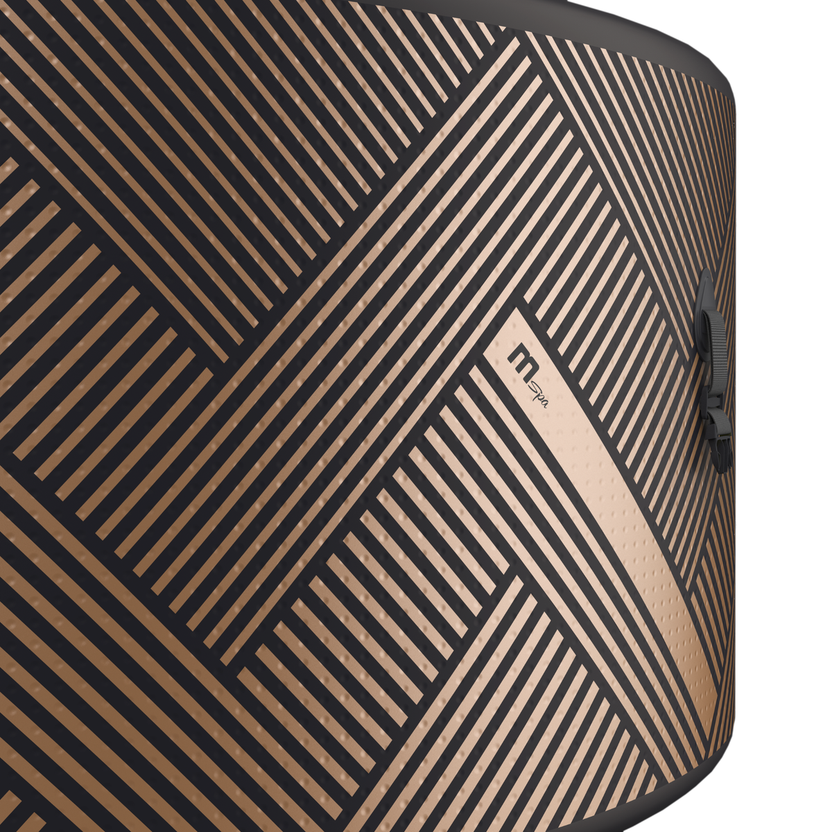 Close-up view of the design on the MSPA Verto Series rigid hot tub, showcasing its modern pattern and branding.