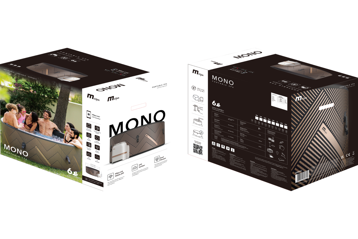 Packaged MSPA MONO Verto Series rigid hot tub and spa for up to 6 people, showcasing premium design and features.