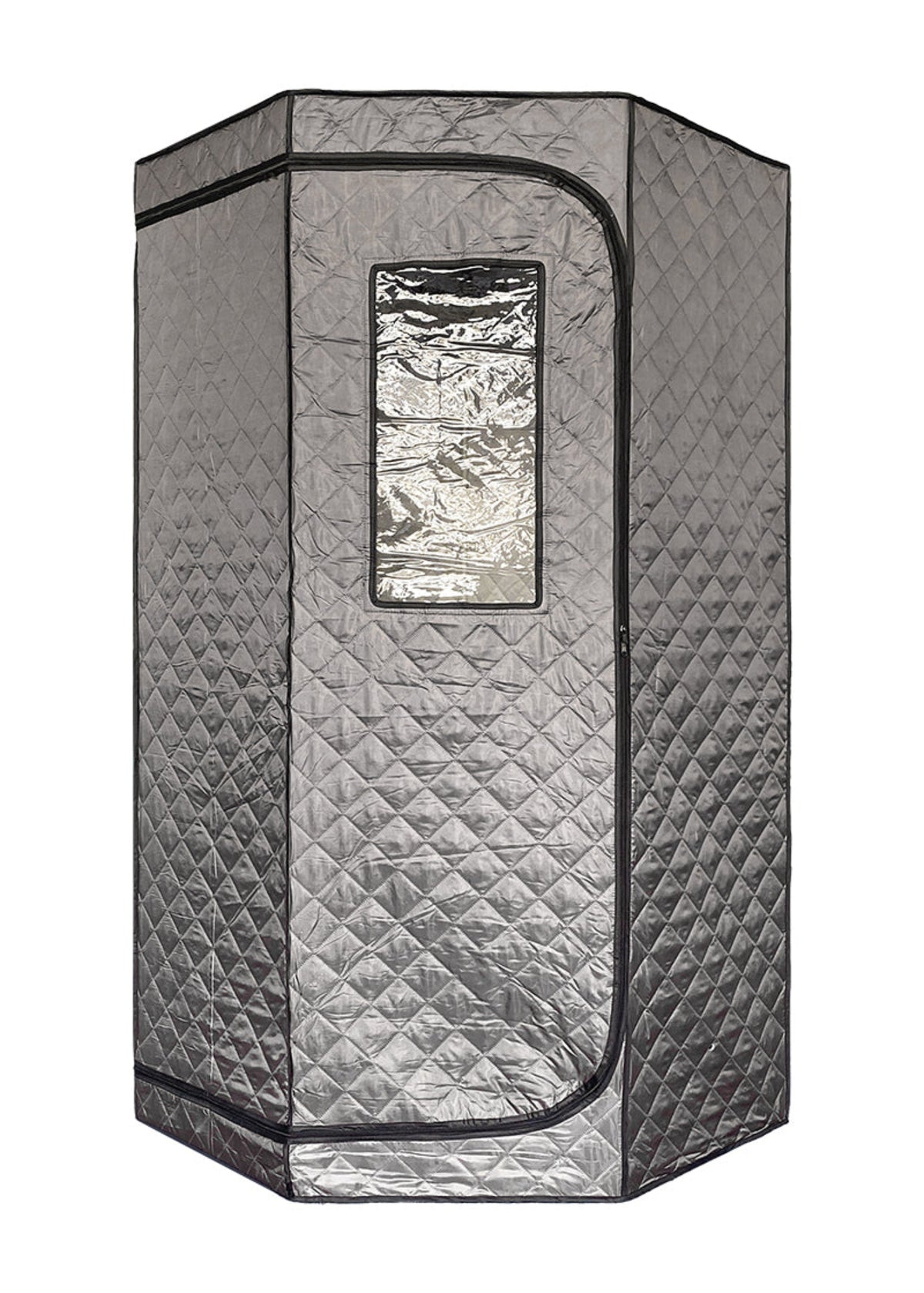 Gray sauna with reflective interior on a white background