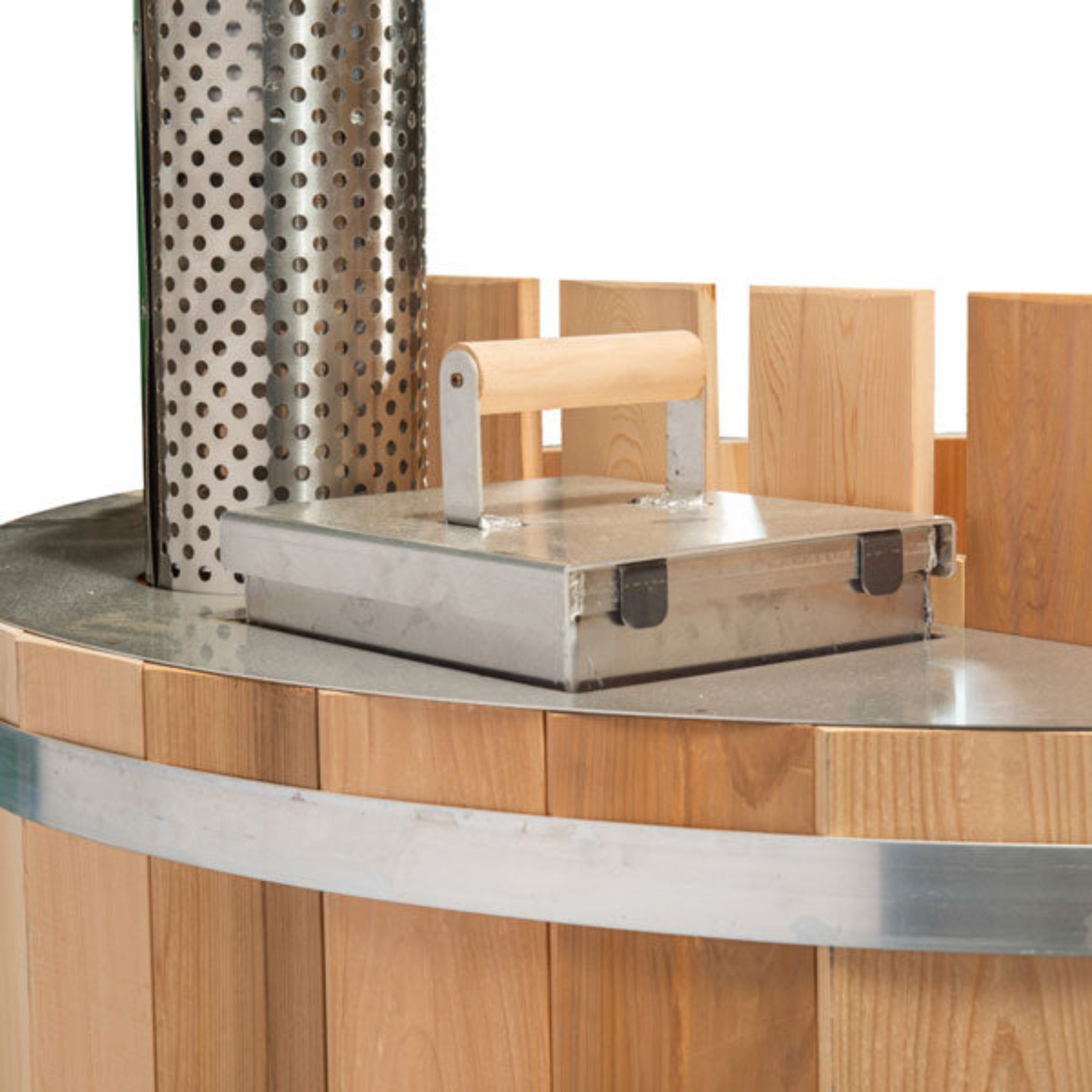 LeisureCraft Original Cedar Hot Tub – Internal Wood-Fired Heater Pipe Detail