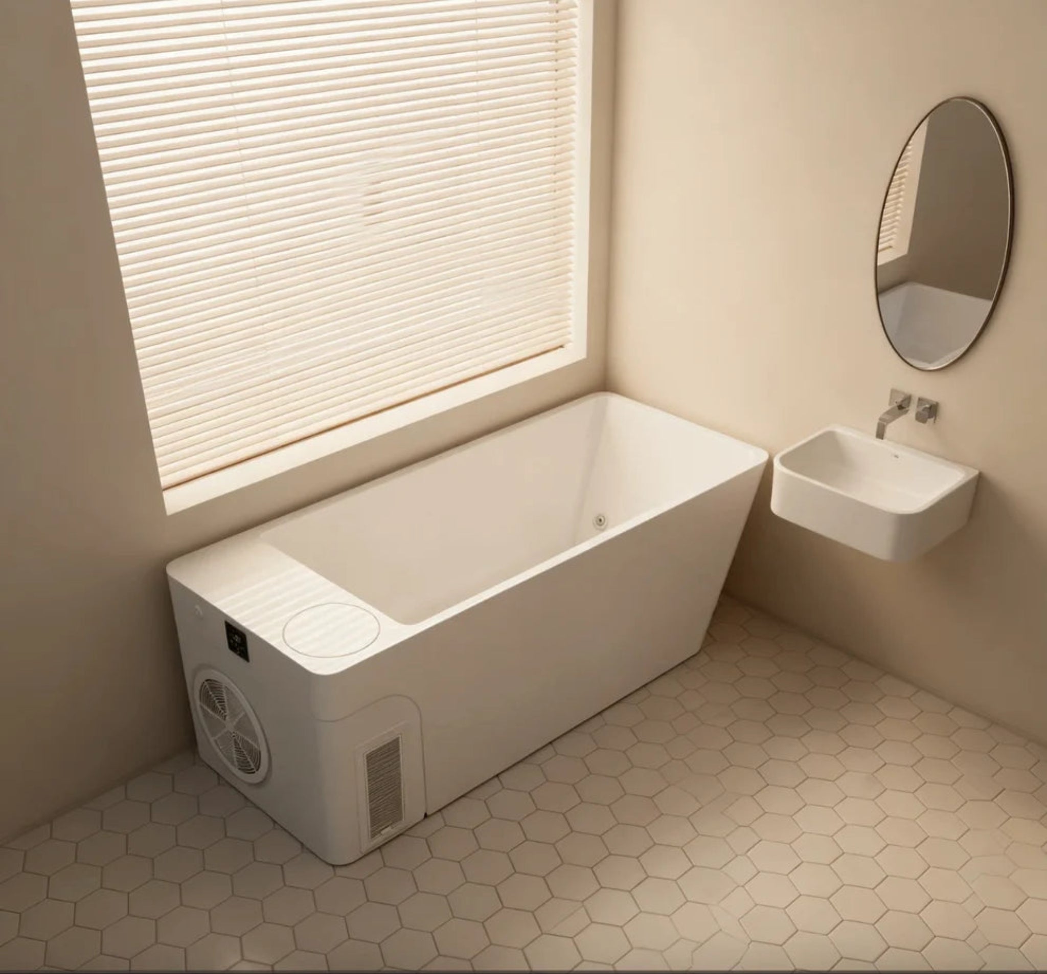 Orivon White plunge tub, side profile in a bathroom setting