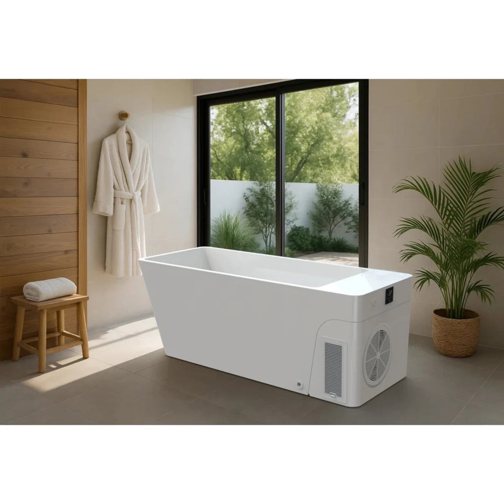 Orivon White immersion tub, side profile in a spa setting