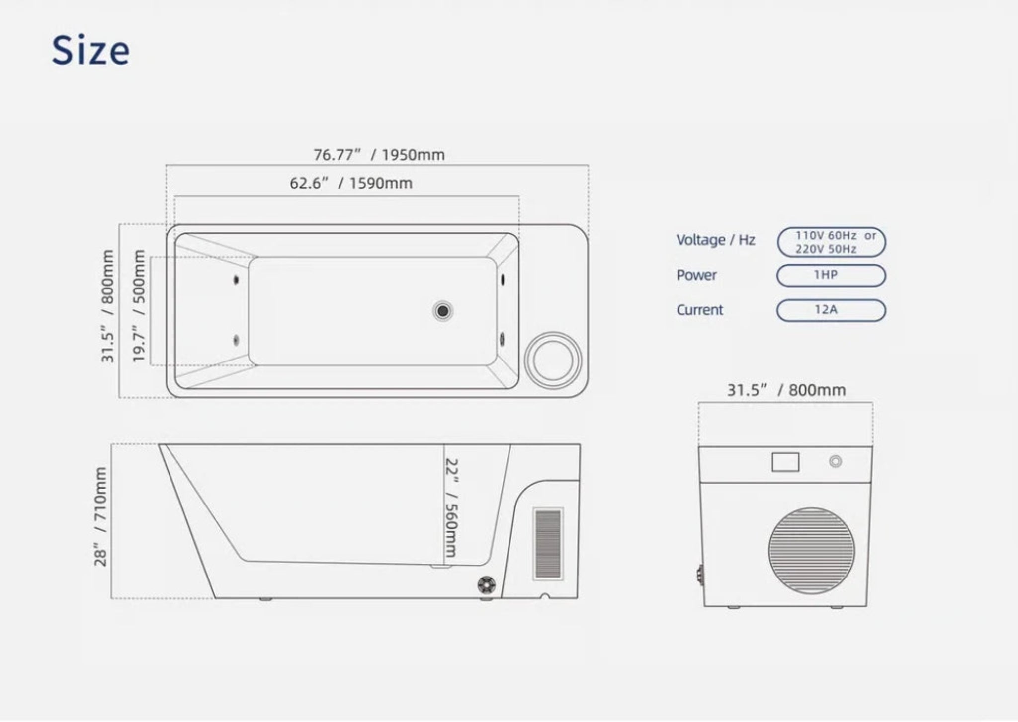 Orivon immersion tub measurements diagram