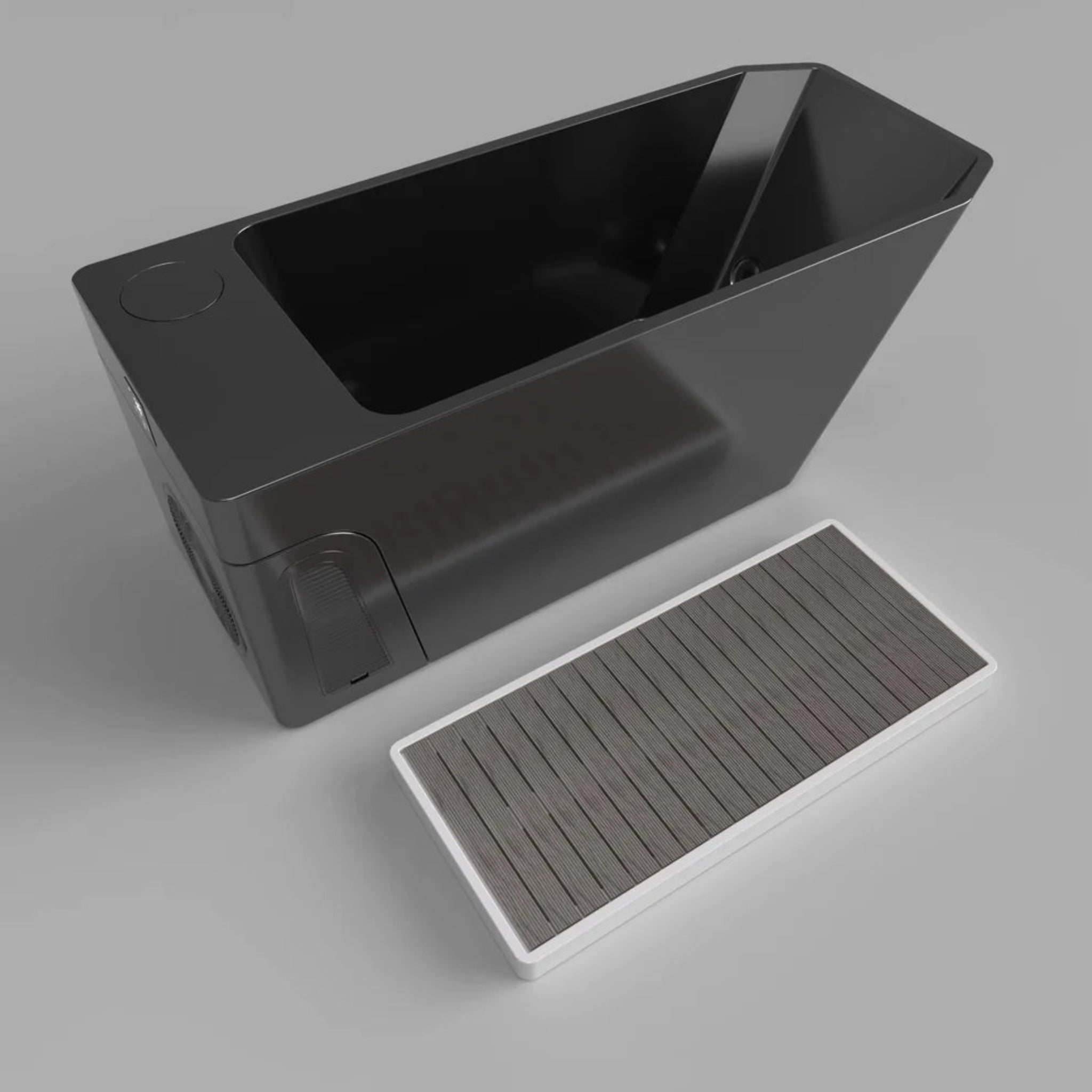 Black rectangular Orivon immersion tub with a gray textured mat on a gray background
