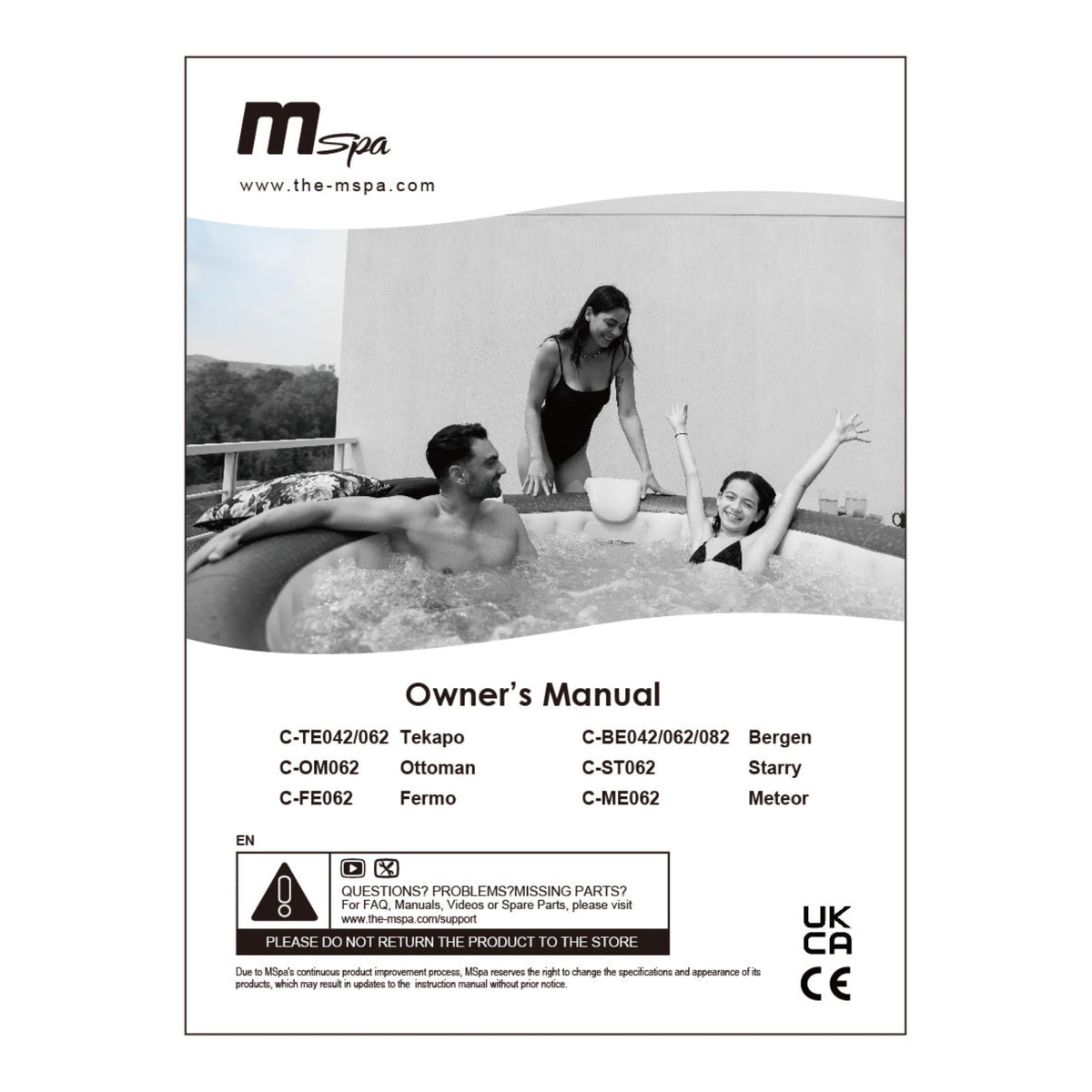 A monochrome owner's manual cover for mSpa products, featuring a black-and-white photo of people relaxing in a hot tub, with model numbers and UKCA/CE marks printed on the page.