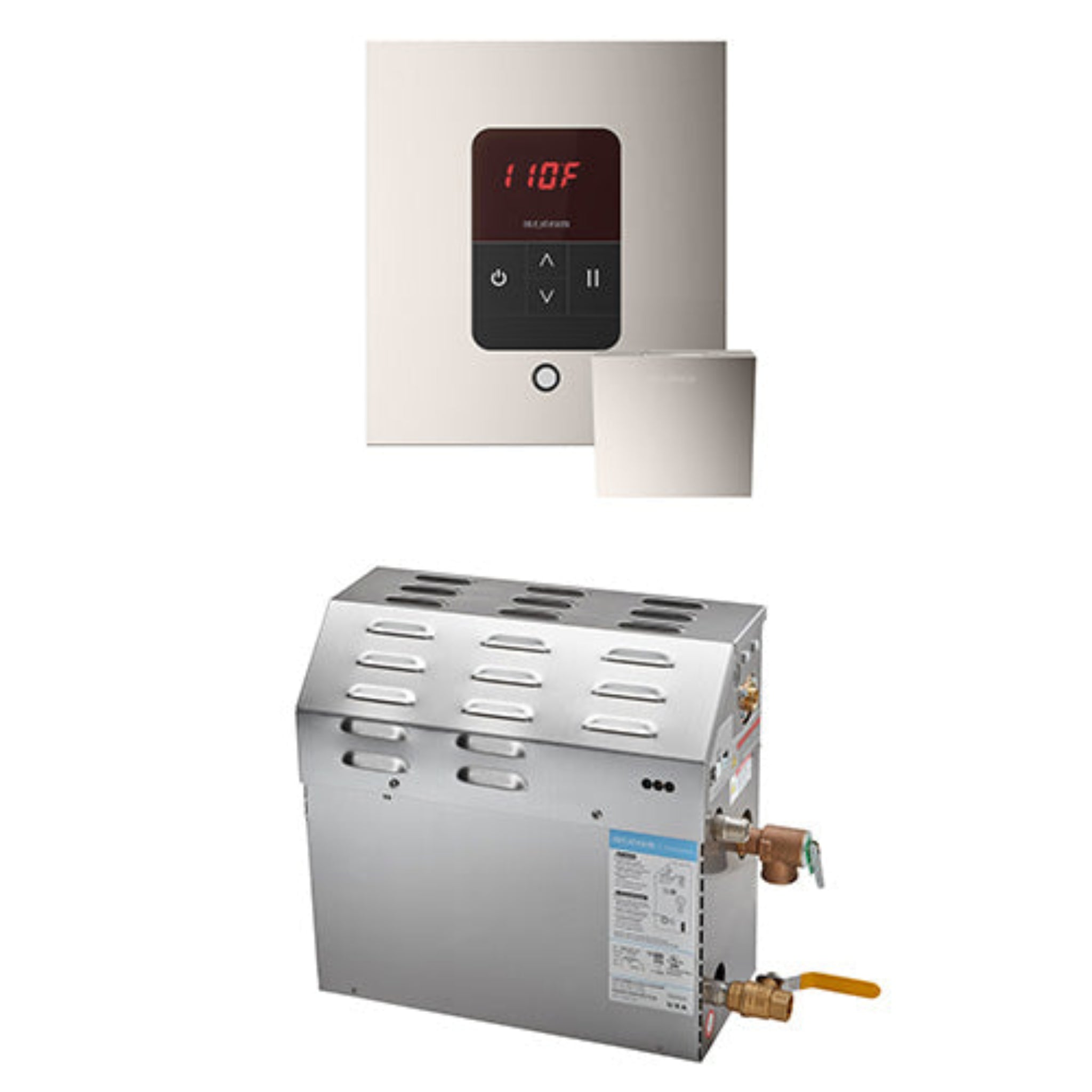 Stainless steel water heater with polished nickel digital display on a white background