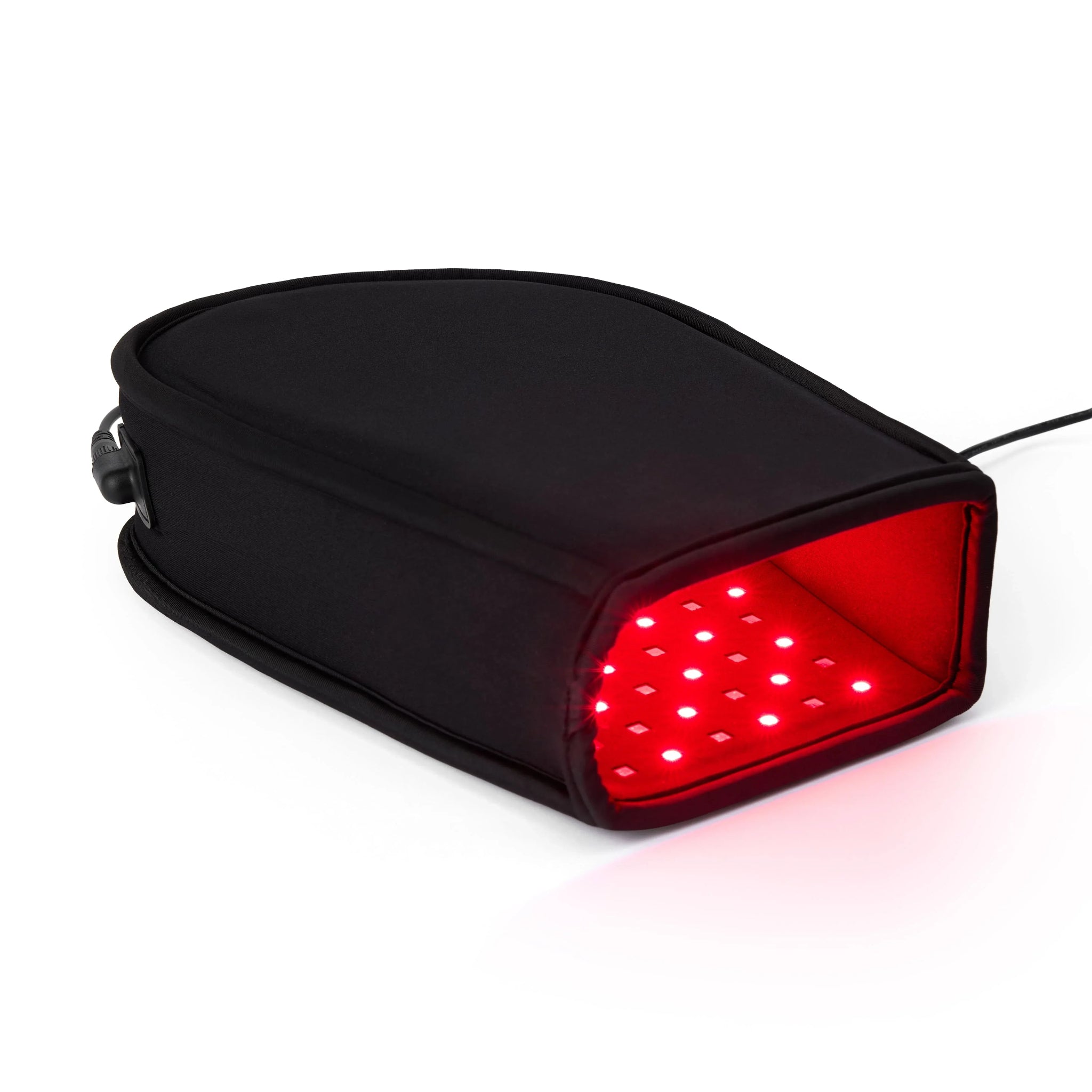 Black red light therapy gloves with red LED lights on a white background