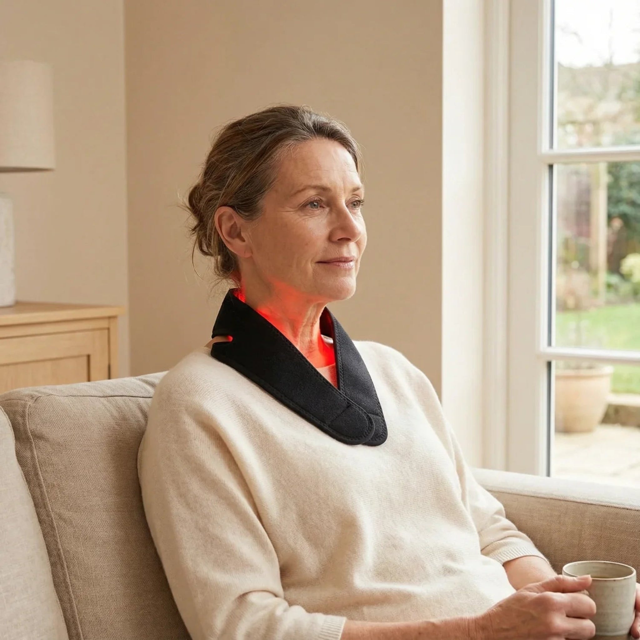 Woman sitting on a couch with Nicebeam red light therapy strap around her neck , holding a mug, in a home setting.