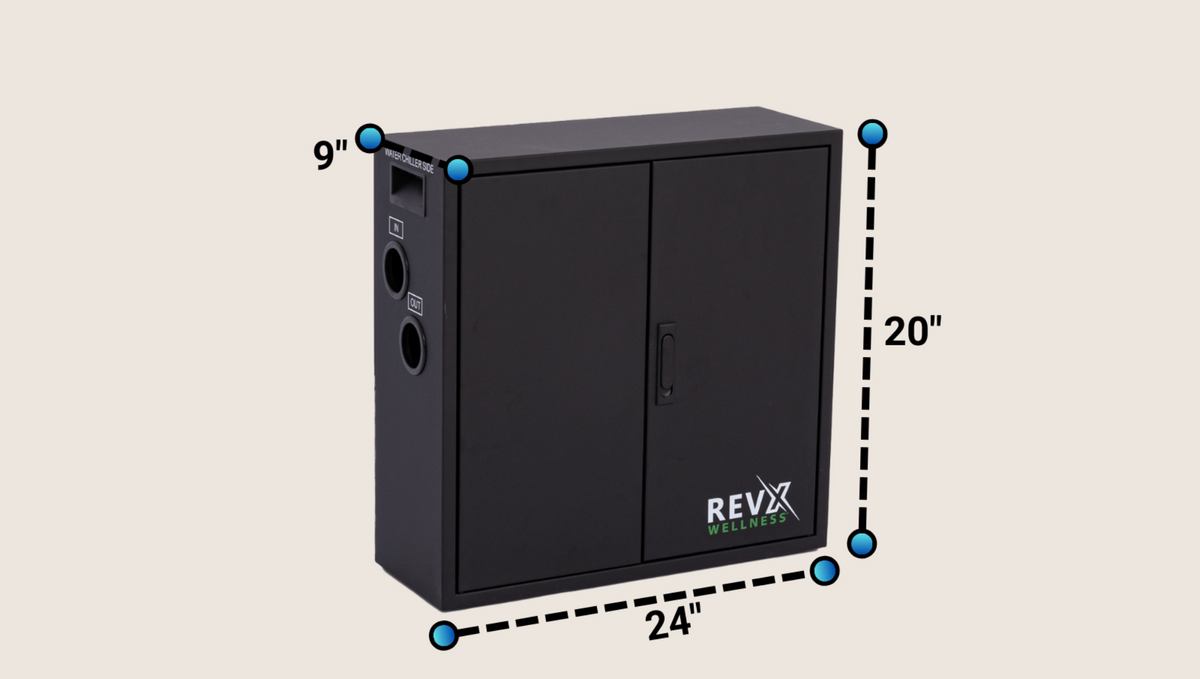 RevX ozone filtration cabinet angled view and dimensions