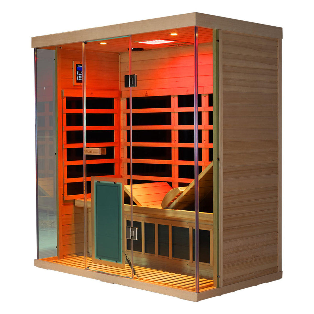 Wizzisaunas S03 3-person infrared sauna – angle view with control panel on internal wall