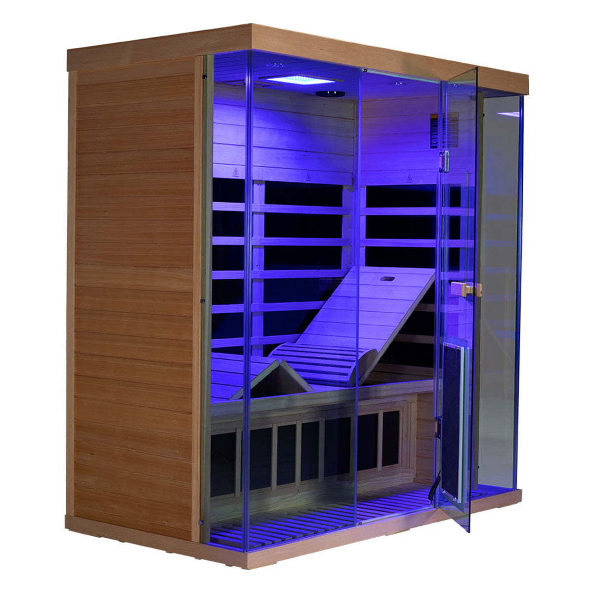 Wizzisaunas S03 3-person infrared sauna – showing blue lights and lounger inside sauna