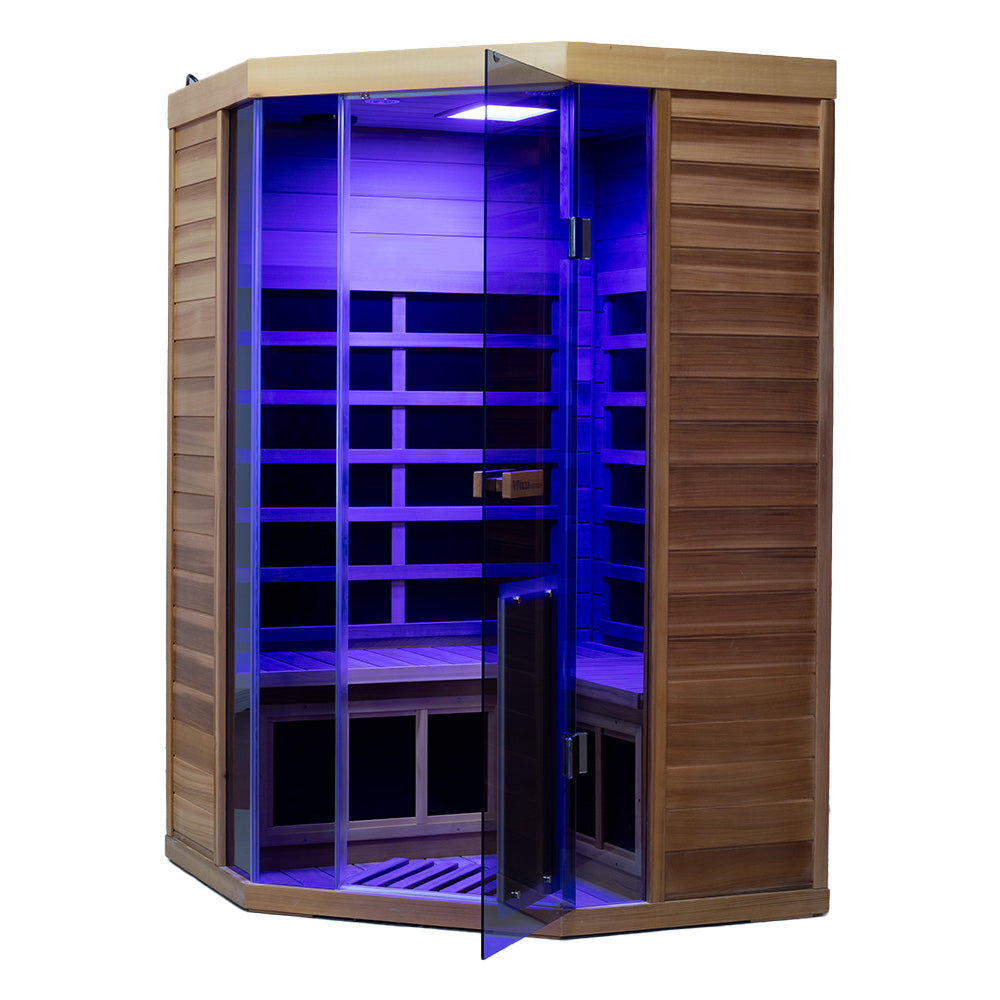 Wizzisaunas S07 Red Cedar infrared sauna angle view with blue lights