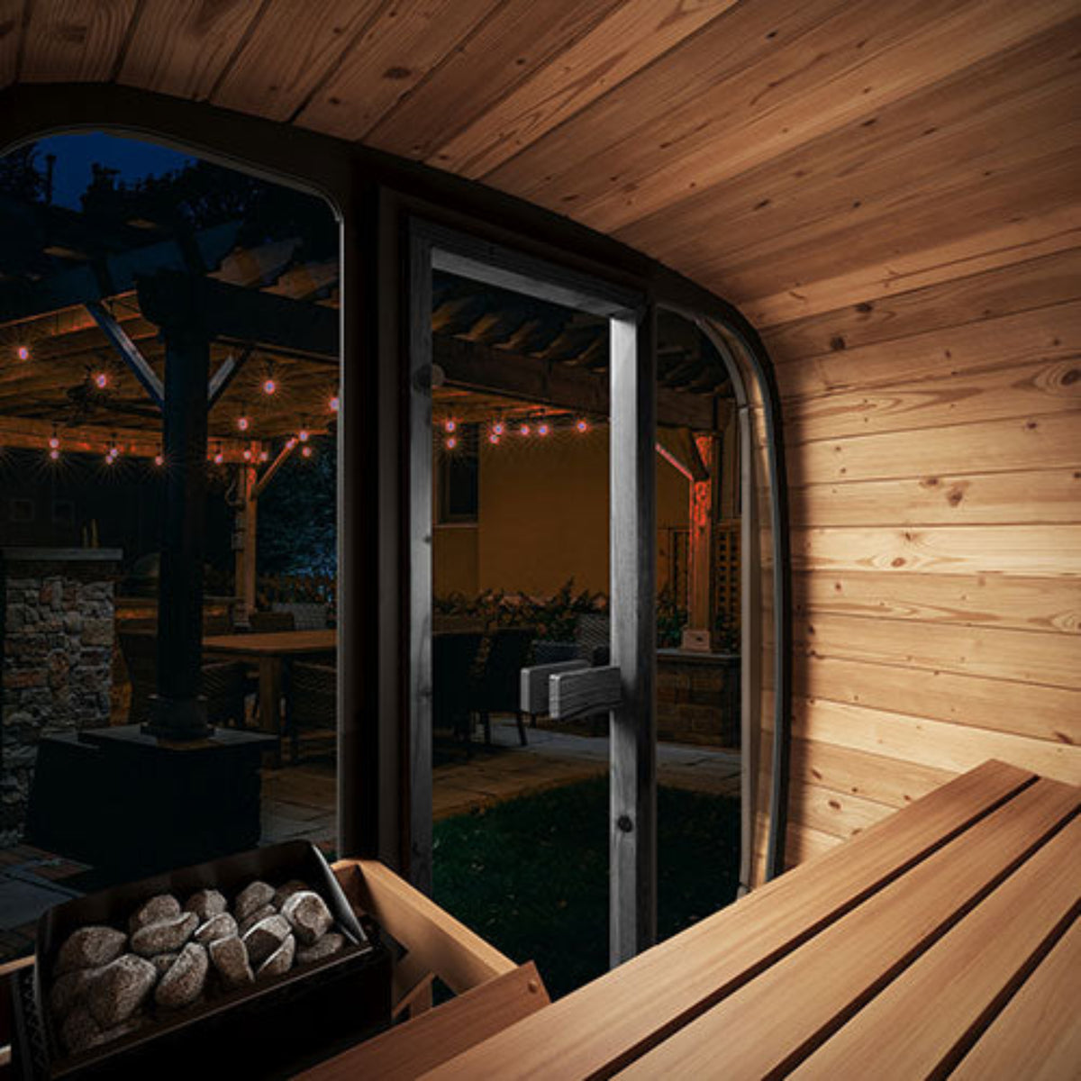 SaunaLife CUBE-Series Model CL4GB Outdoor Cube Sauna interior view looking out the window into a bakyrad