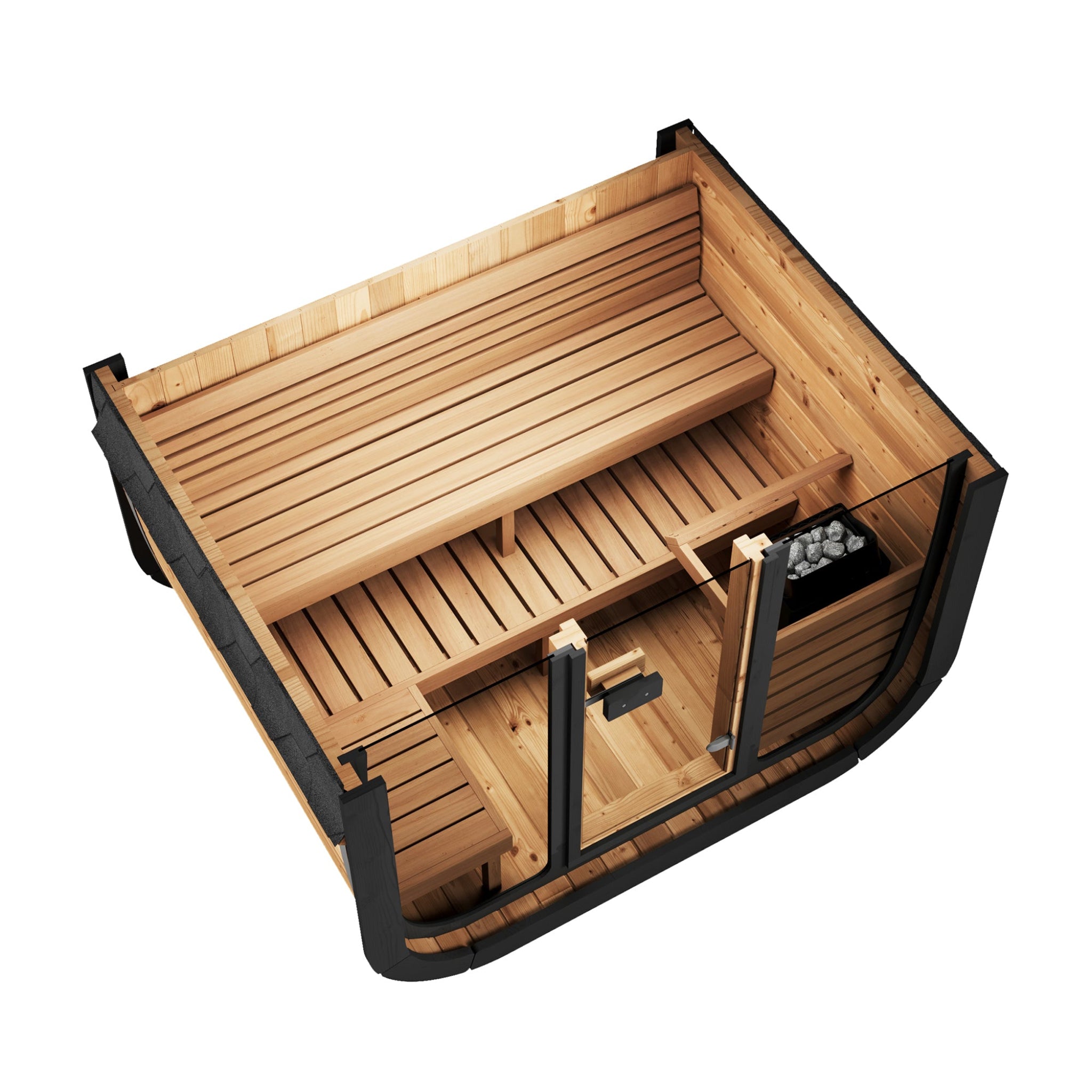 SaunaLife CL5G cube outdoor sauna inside bench view