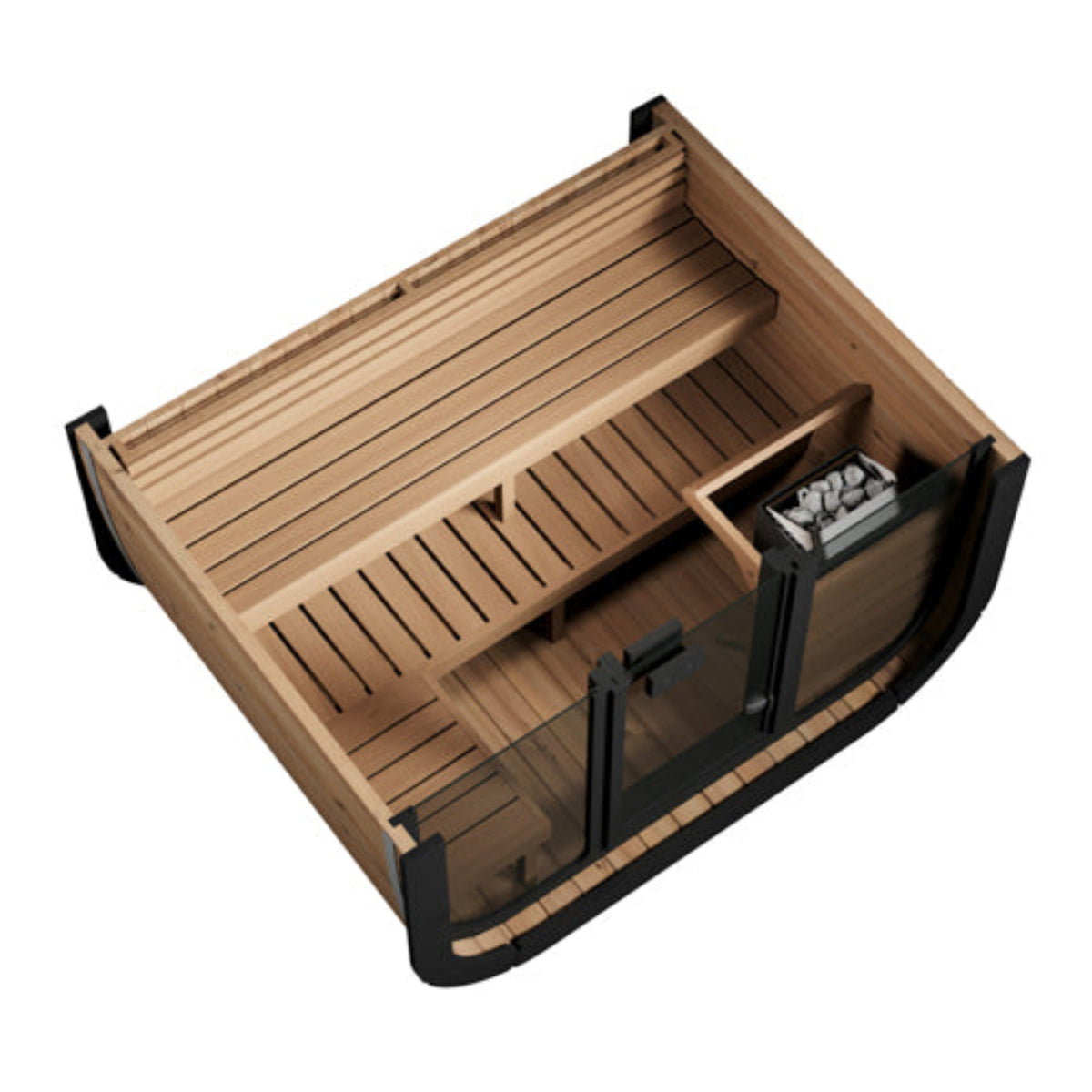 SaunaLife CUBE-Series Model CL5GB Outdoor Cube Sauna interior view of benches and heater on a white background