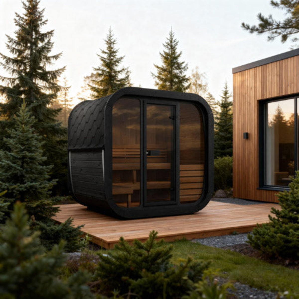SaunaLife CUBE-Series Model CL5GB Outdoor Cube Sauna with large glass doors and visible wooden benches, situated on a wooden deck beside a wood-clad house in a forest setting.