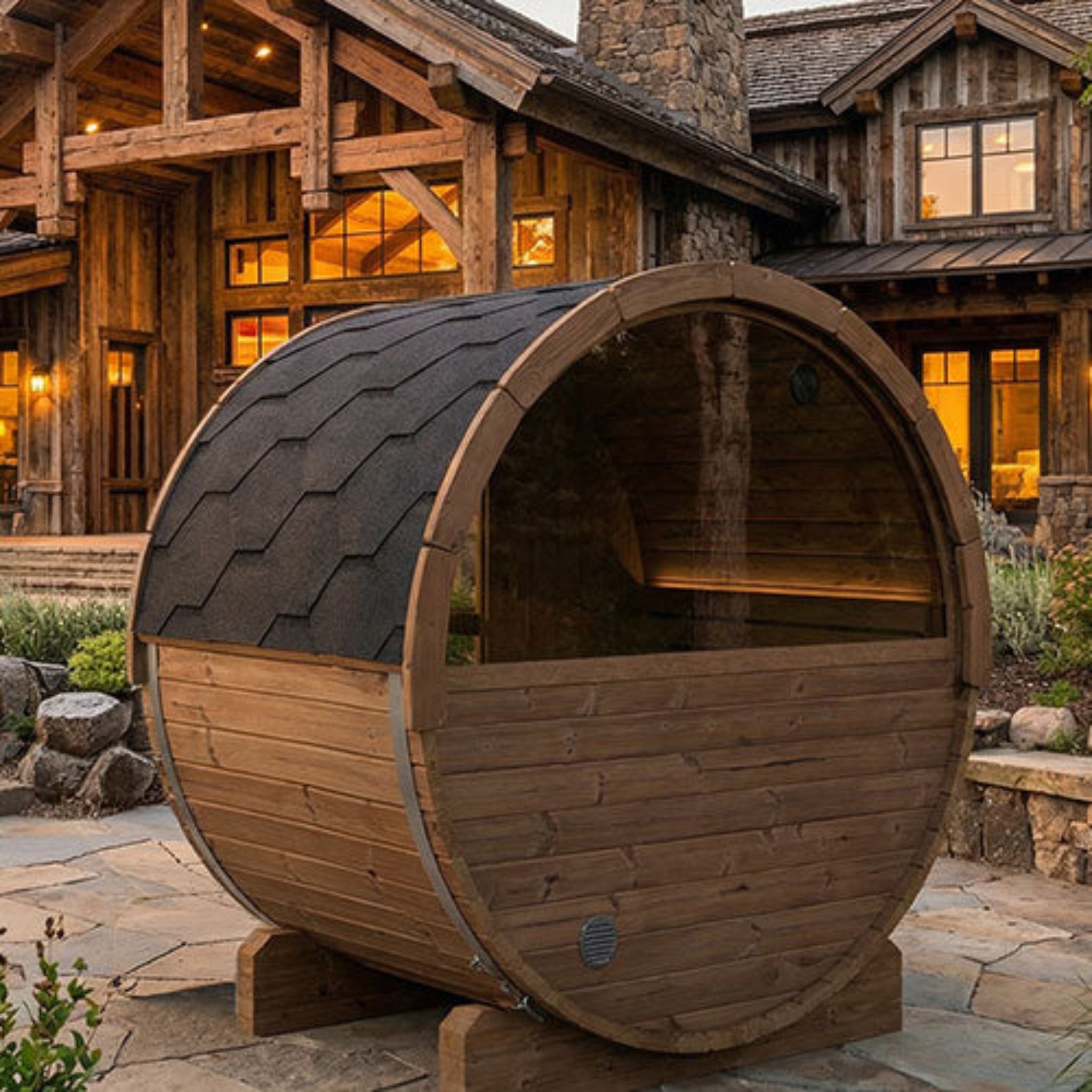 SaunaLife ERGO-Series Model E6W 3-Person Outdoor Barrel Sauna with Window – Rear View with Panoramic Half-Moon Window