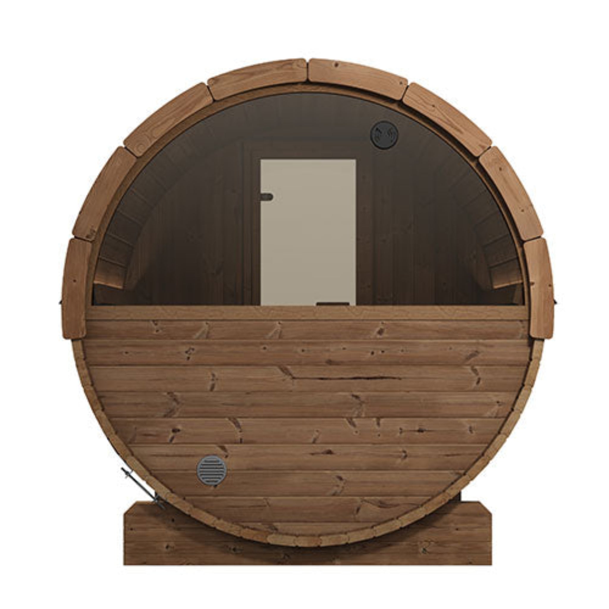SaunaLife ERGO-Series Model E6W 3-Person Outdoor Barrel Sauna with Window – Rear View with Panoramic Half-Moon Window