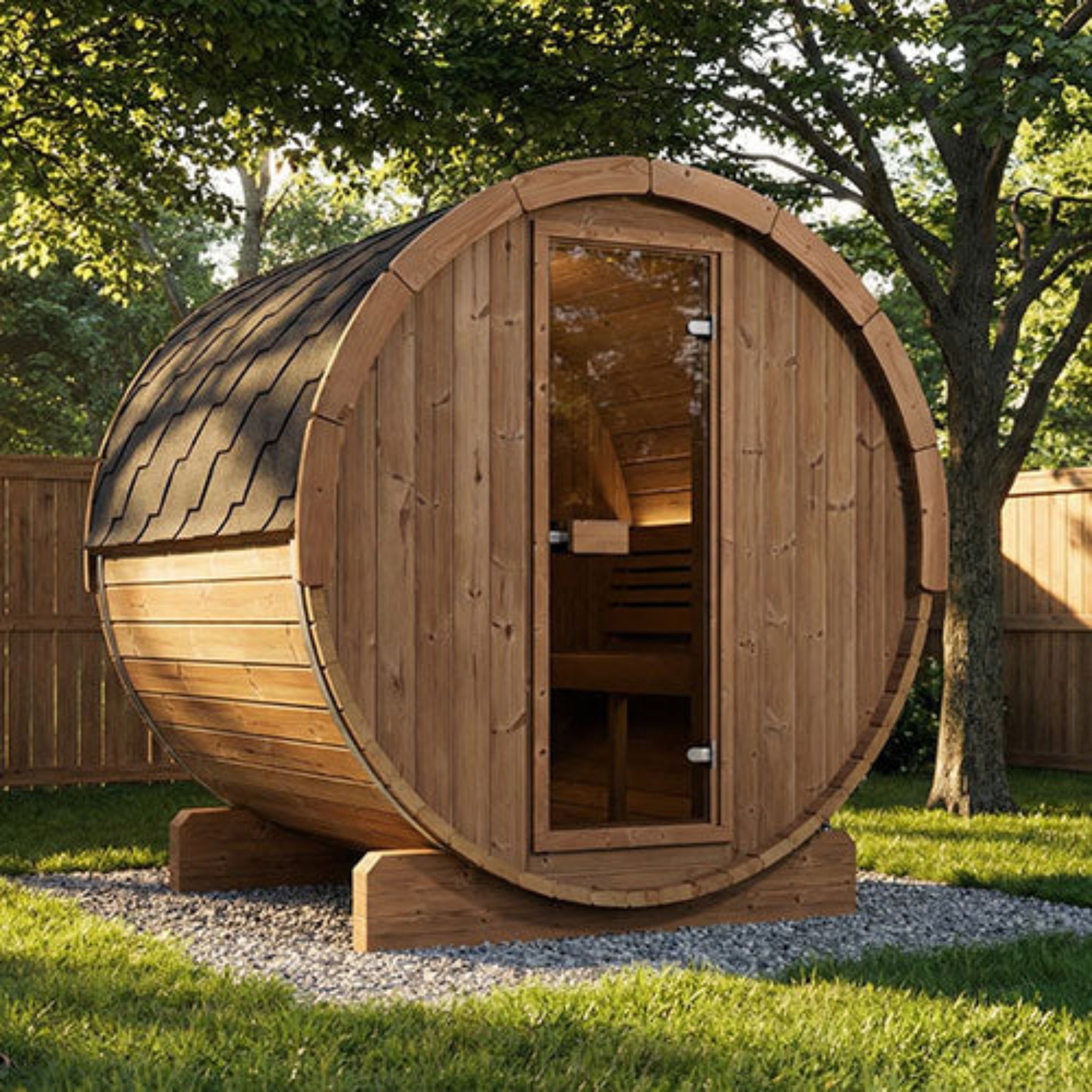 SaunaLife ERGO-Series Model E7 Outdoor Barrel Sauna – Front Exterior View