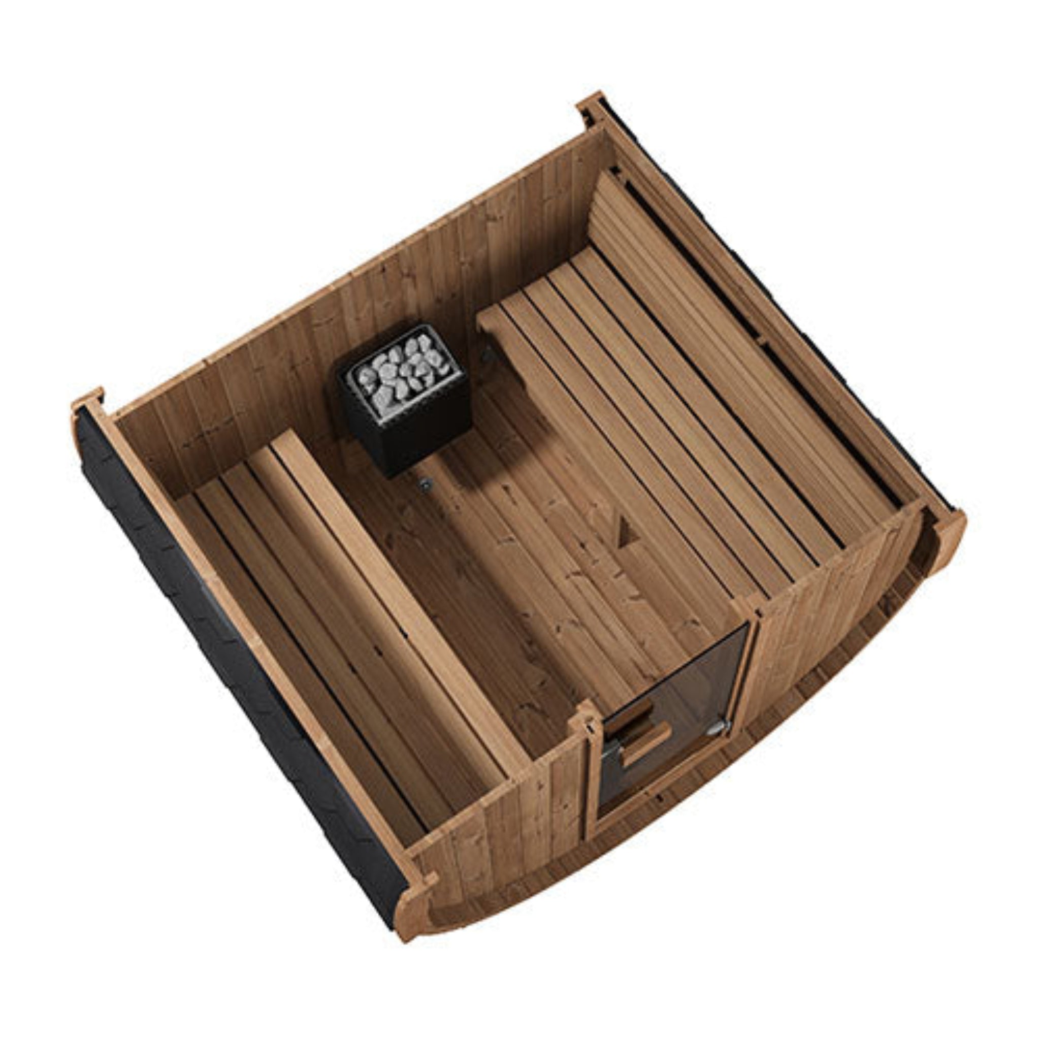 SaunaLife ERGO-Series Model E7 Outdoor Barrel Sauna – Interior Bench and Wall View