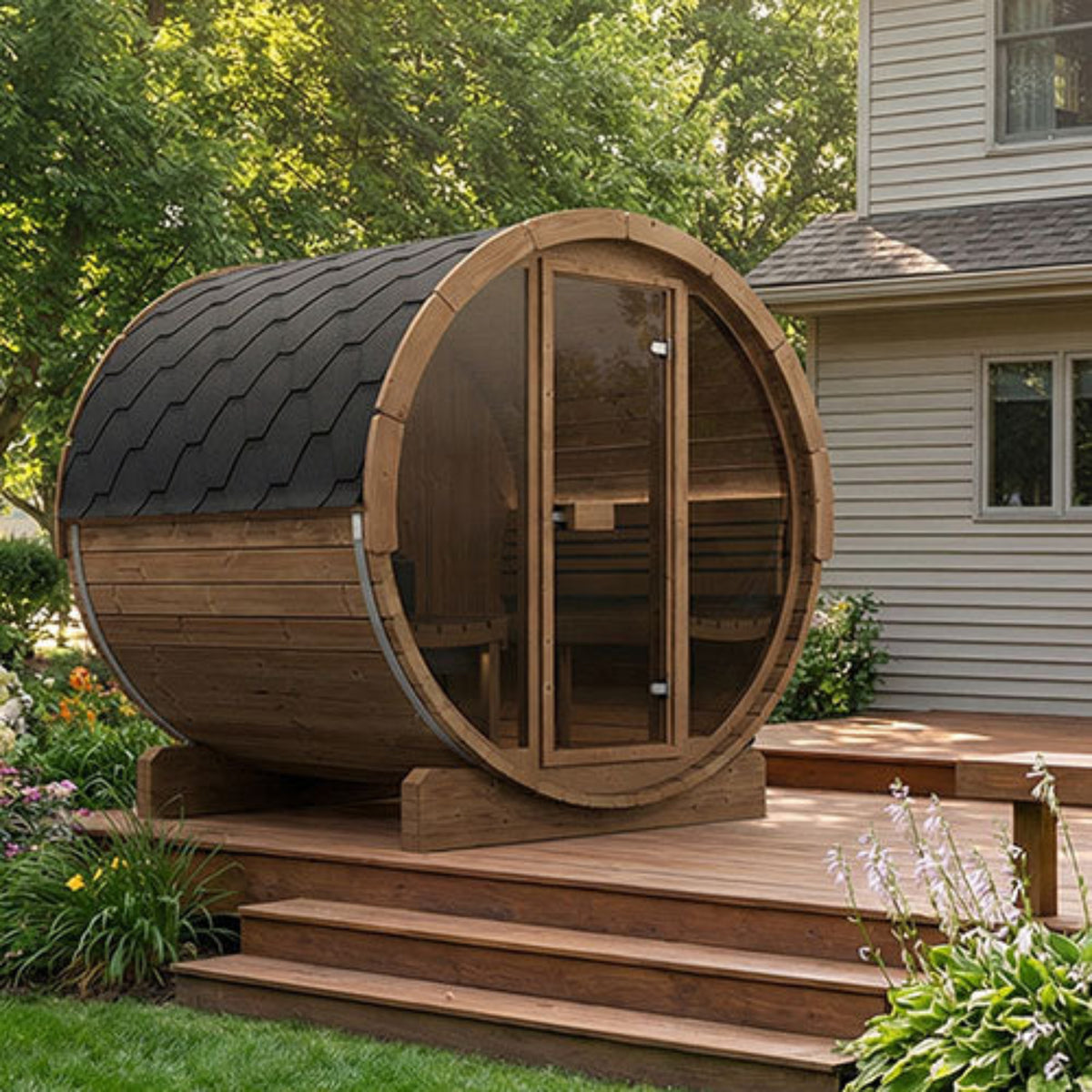 SaunaLife ERGO-Series Model E7G Outdoor Barrel Sauna on a deck with a house and trees in the background