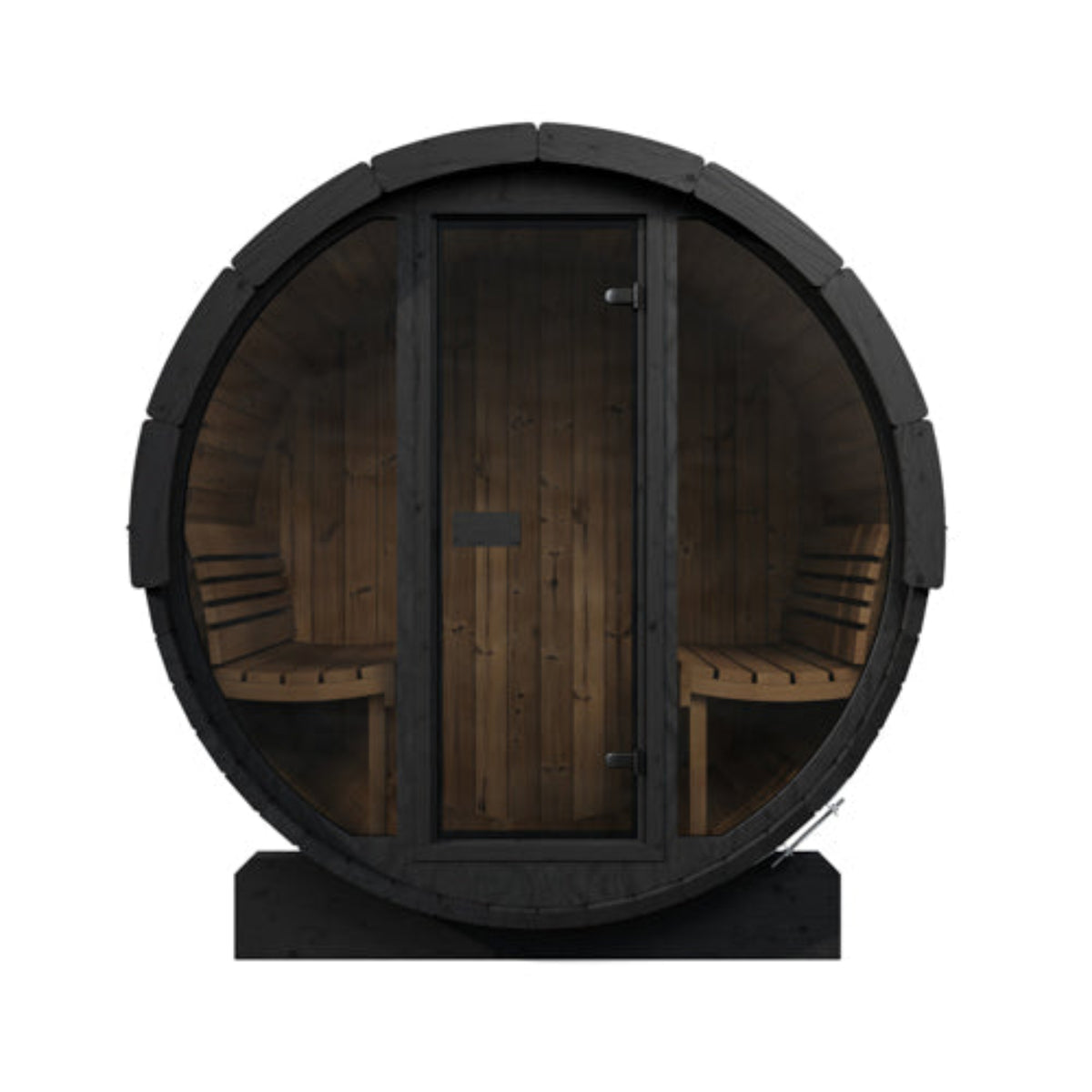 SaunaLife ERGO-Series Model E7G Outdoor Barrel Sauna, showing warm wood interiors and benches, isolated on a white background.