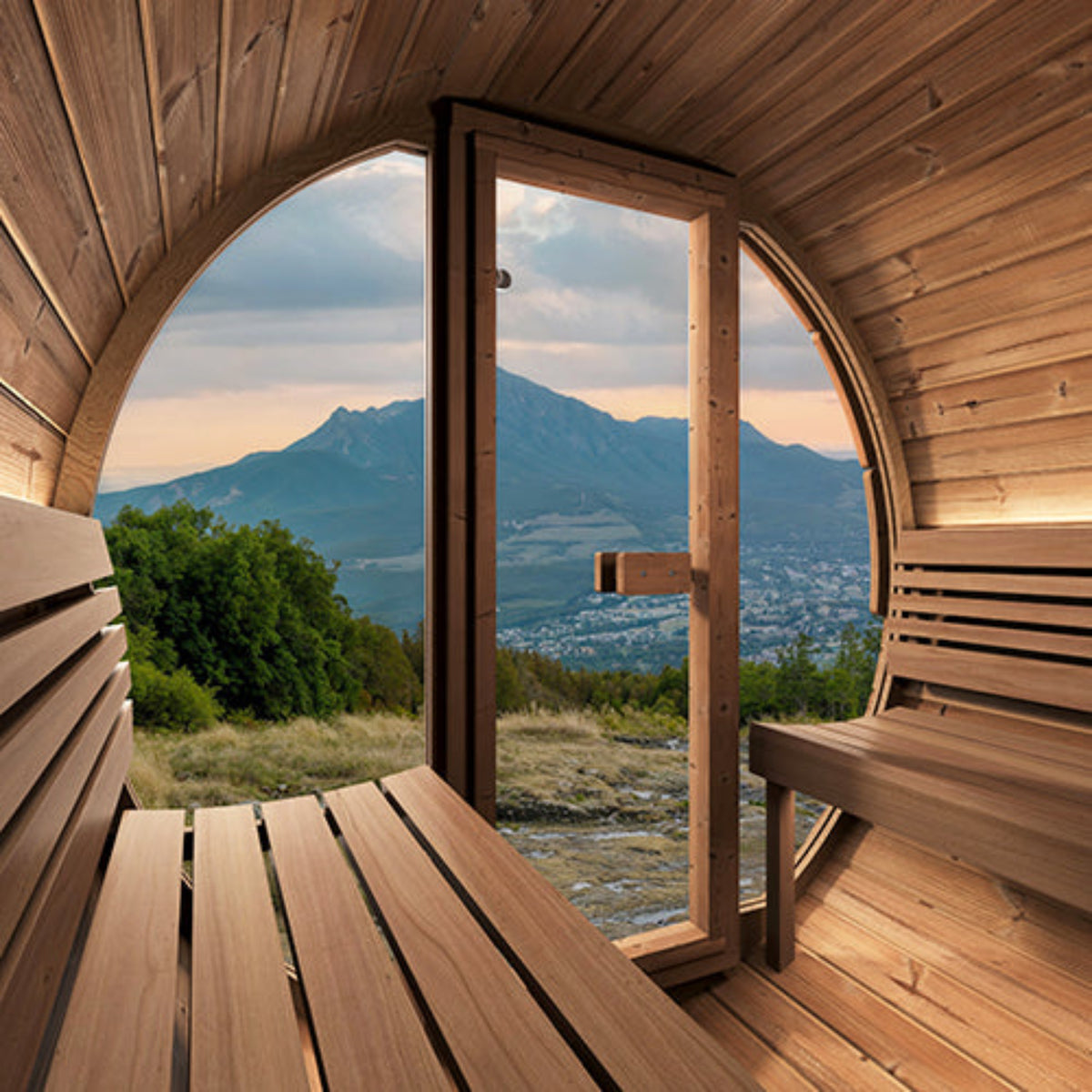 SaunaLife ERGO-Series Model E7G Outdoor Barrel Sauna with a window view revealing a scenic view of mountains and landscape.
