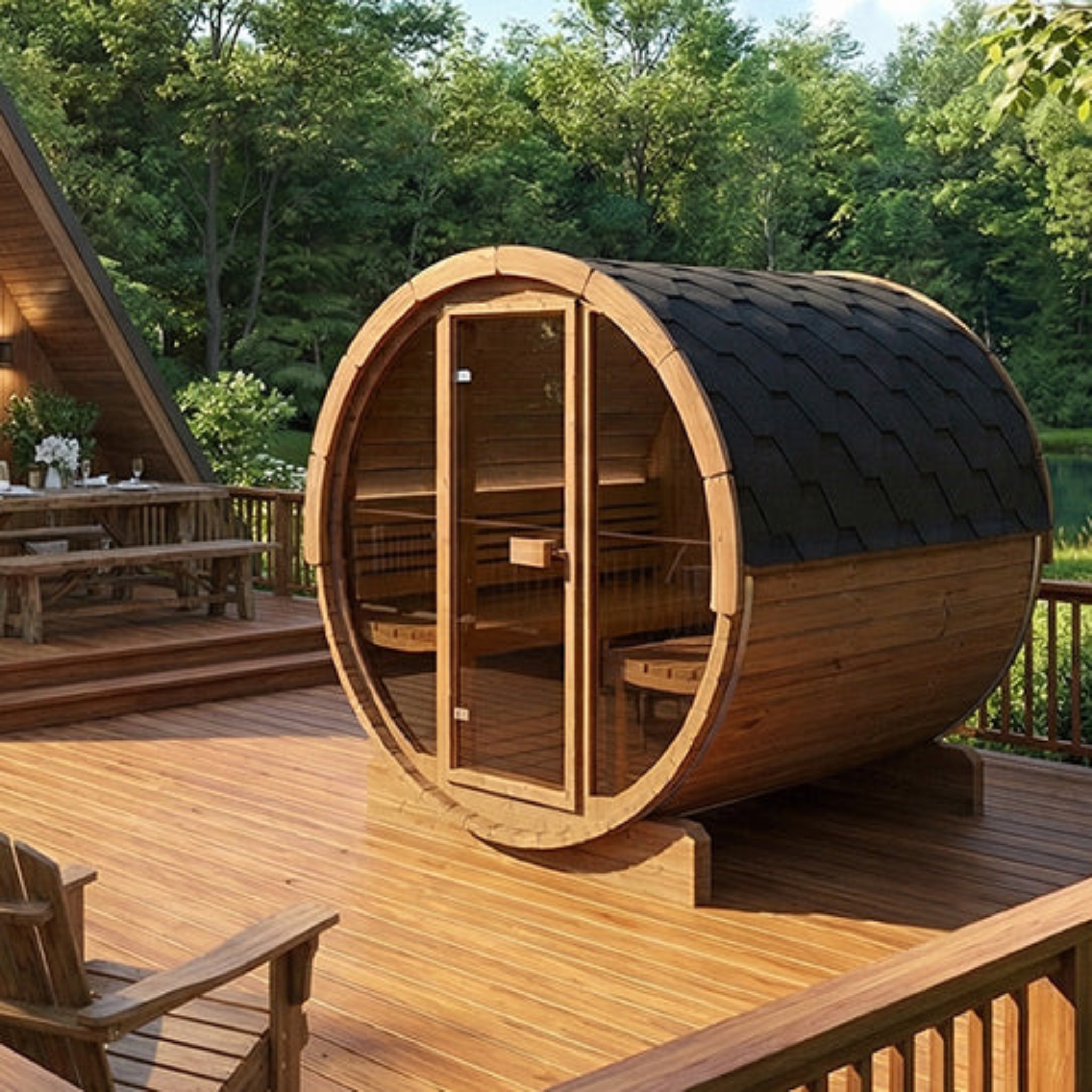 SaunaLife E8G barrel sauna with glass front, on a back yard deck with green trees behind.