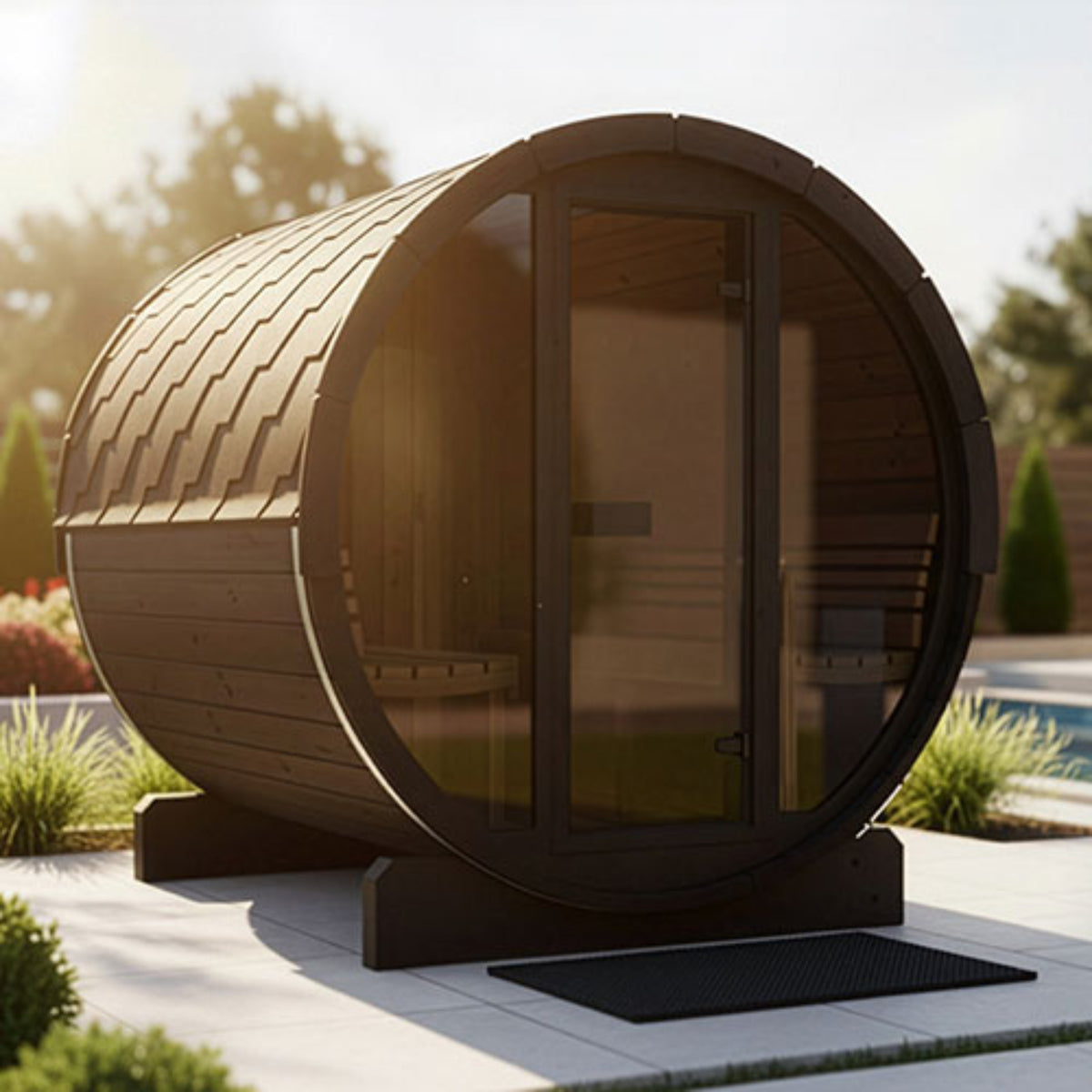 SaunaLife E8GB barrel sauna, and a black entry mat, shown outdoors on a patio with plants and a pool in the background.