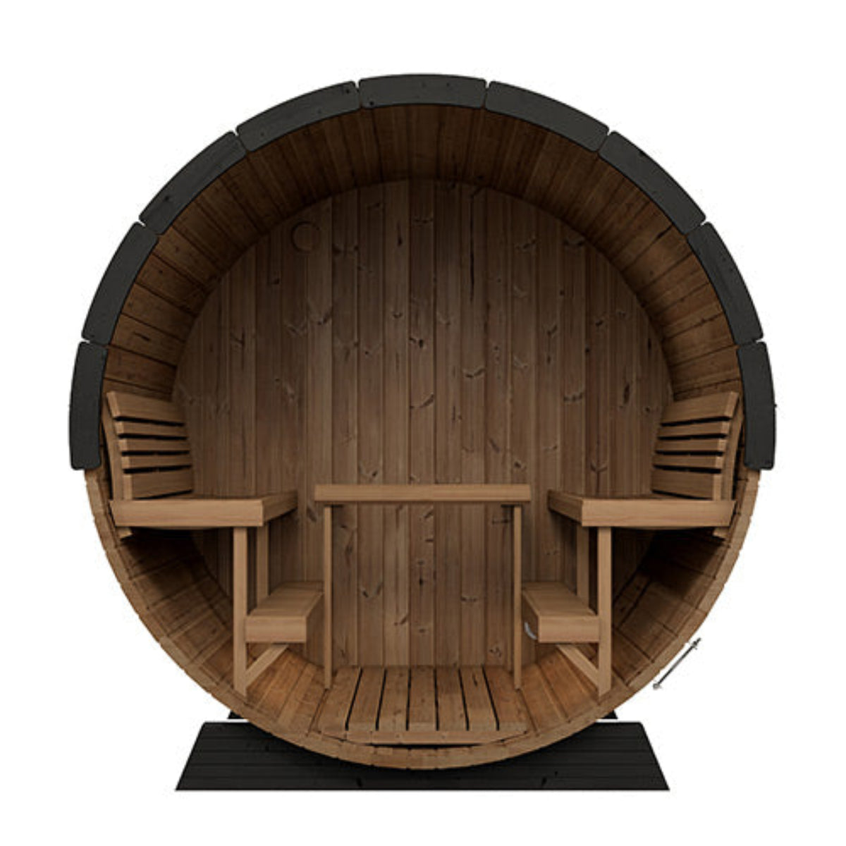 SaunaLife Ergo Elegance-Series Model EE8GB Outdoor Barrel Sauna with a curved wooden interior, two built-in bench seats, a small central table, and a dark metal support base, shown on a plain white background.