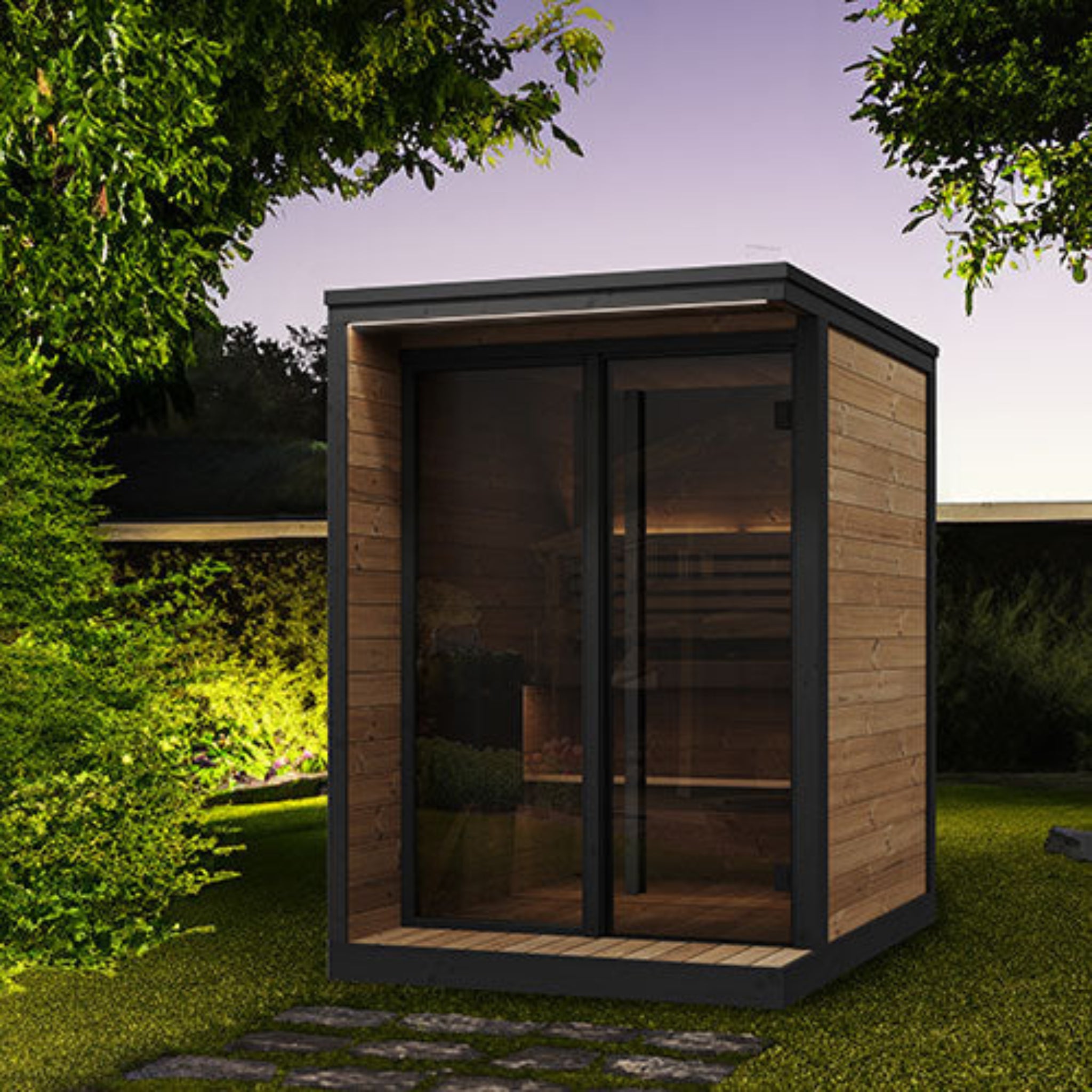 SaunaLife GL4 Outdoor Sauna – lifestyle exterior, garden setting