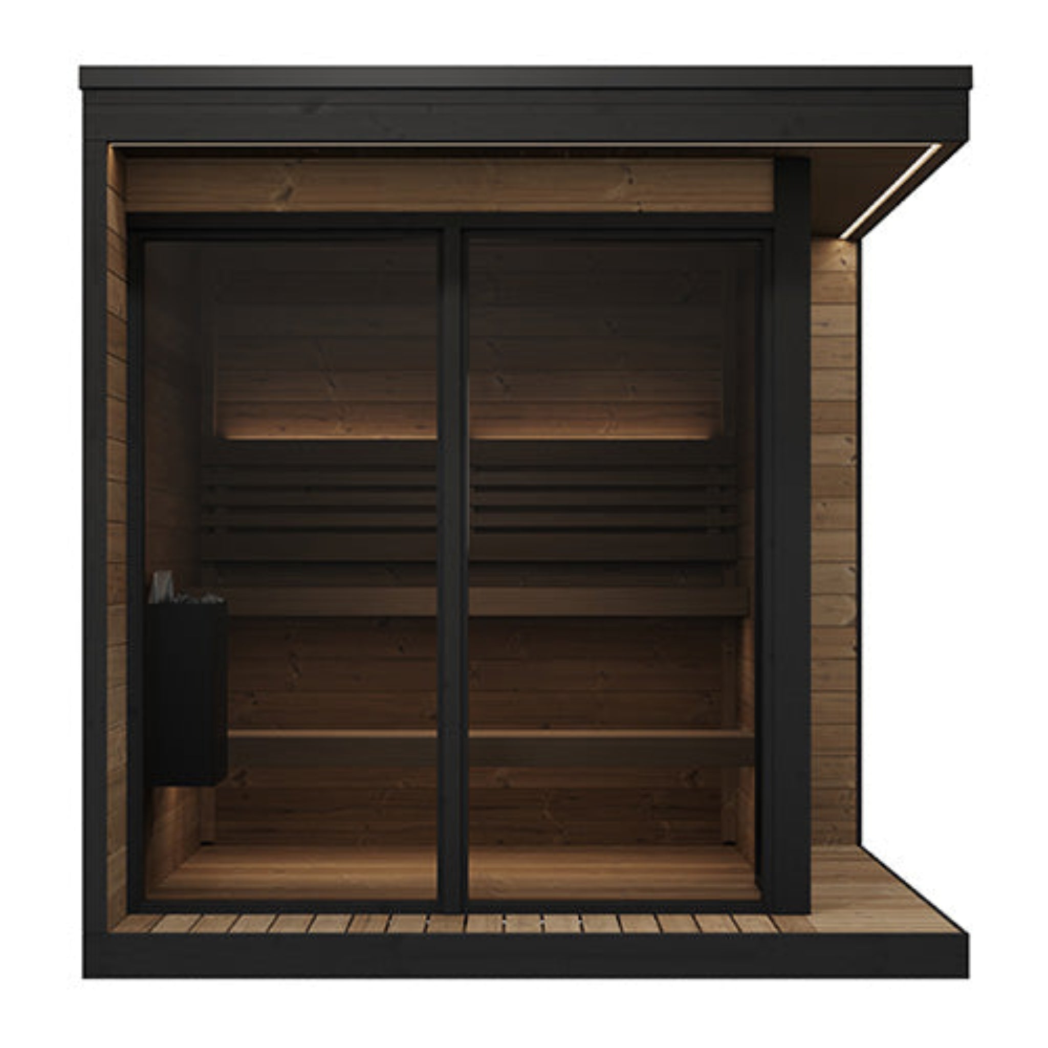 SaunaLife GL6 outdoor sauna cabin kit — front exterior view with tempered bronze glass and thermo-spruce construction