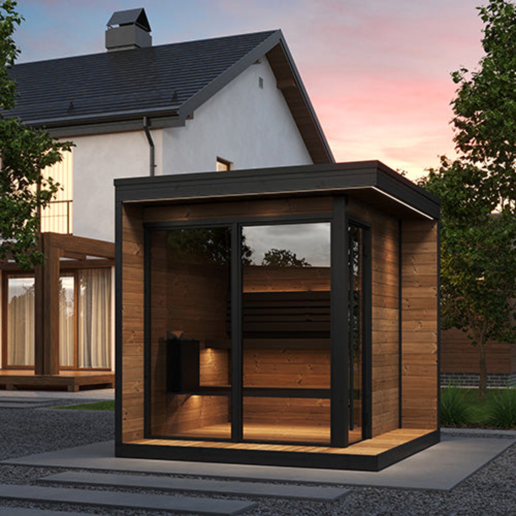 SaunaLife GL6 outdoor sauna cabin kit — 3D render showing full exterior with porch and overhang