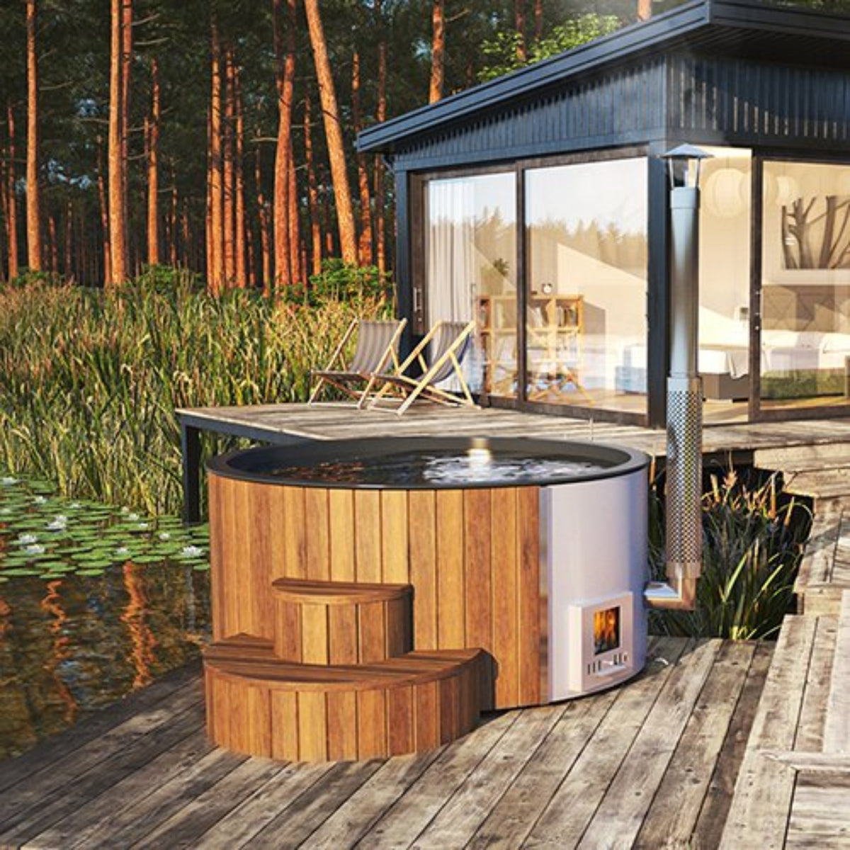 SaunaLife S4N wood-fired hot tub, on a wooden deck with a modern house and forest in the background