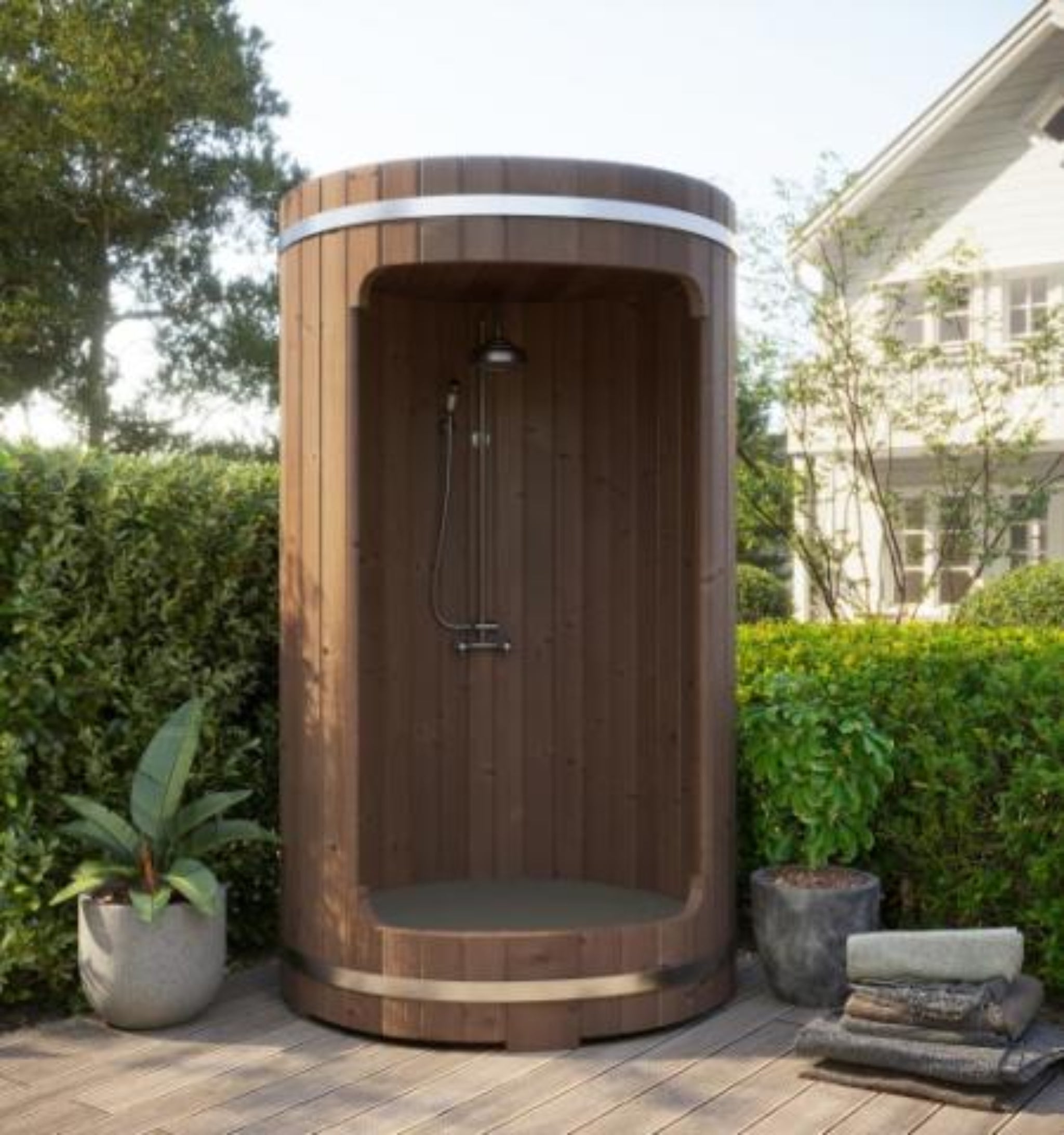 SaunaLife RAIN-Series Model R3 Outdoor Barrel Shower in Thermo-Spruce – full exterior view
