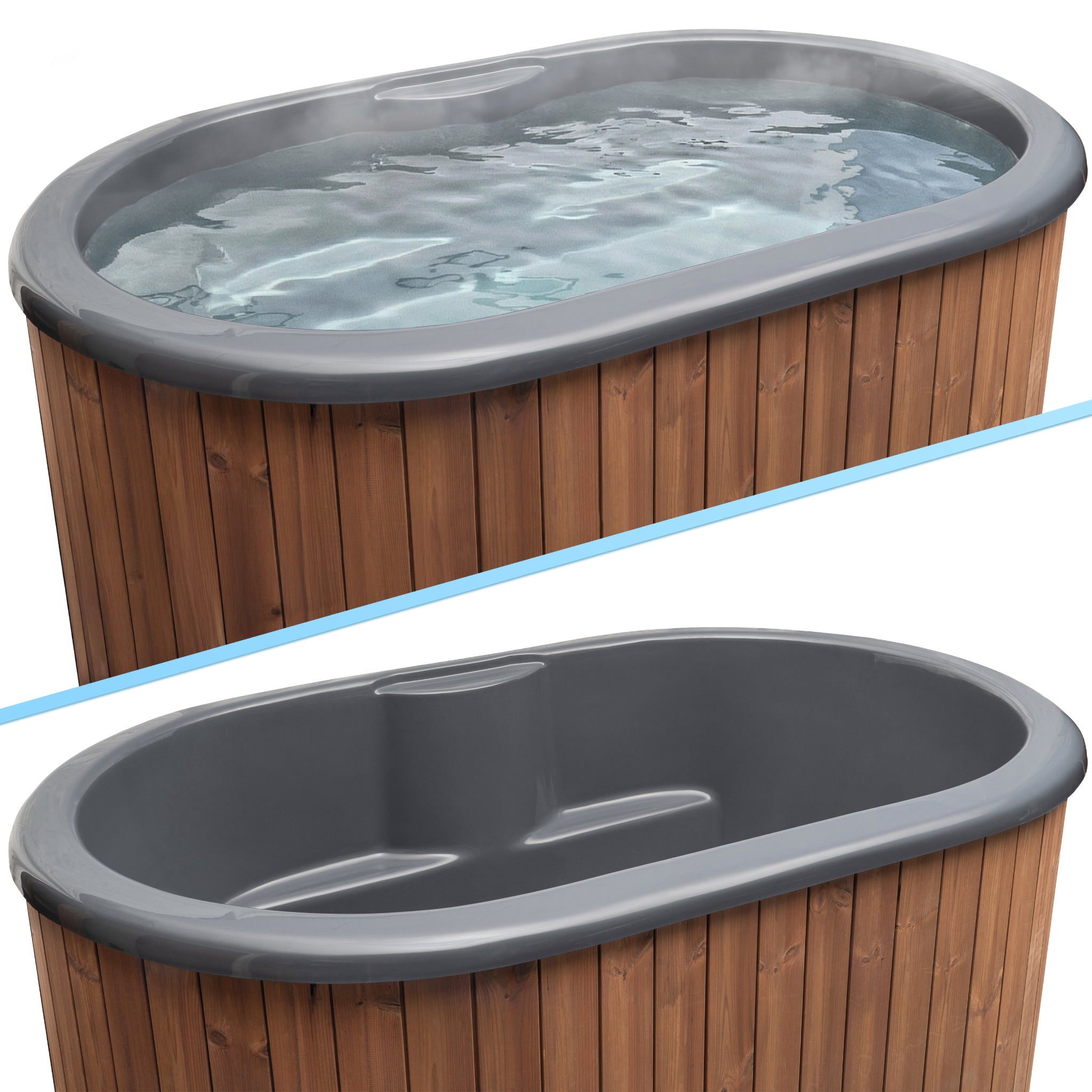 SaunaLife Model S2NC Package - hot and cold immersion tub with wooden exterior and water.