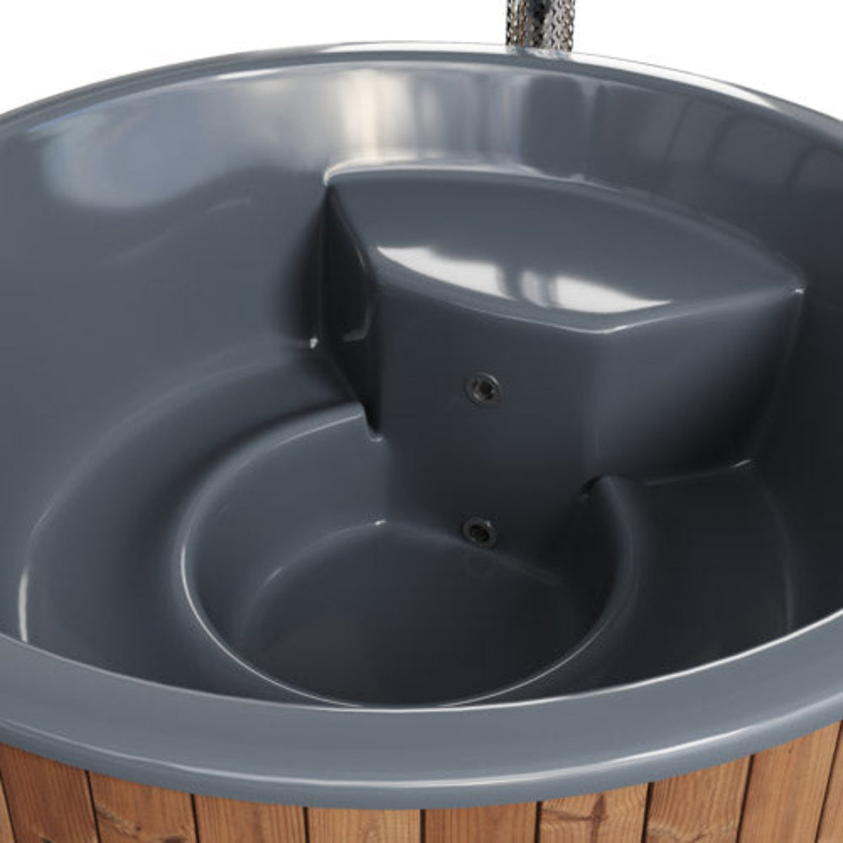 interior view of a wood-burning hot tub featuring a comfortable seating design for optimal relaxation