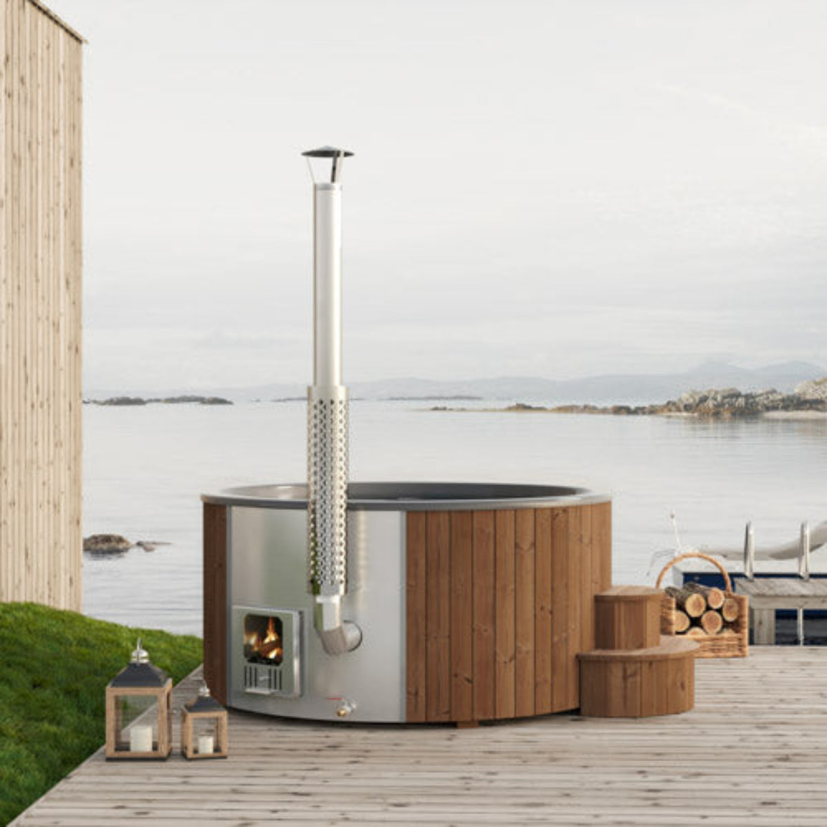 outdoor wood hot tub surrounded by nature, featuring a wood-burning stove for natural relaxation.