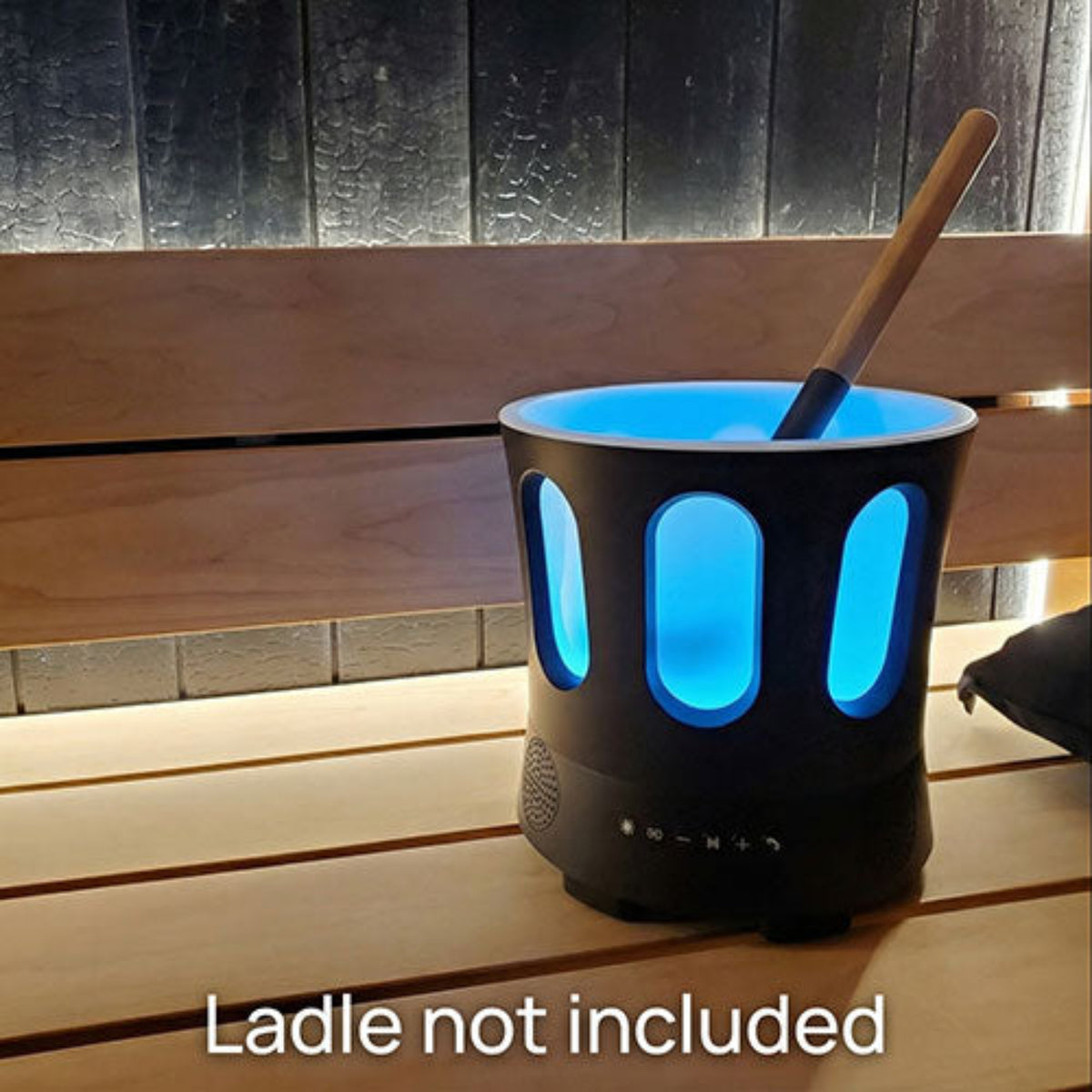 SaunaLife Zone Bluetooth Sauna Bucket with blue interior on a wooden surface, ladle not included text.