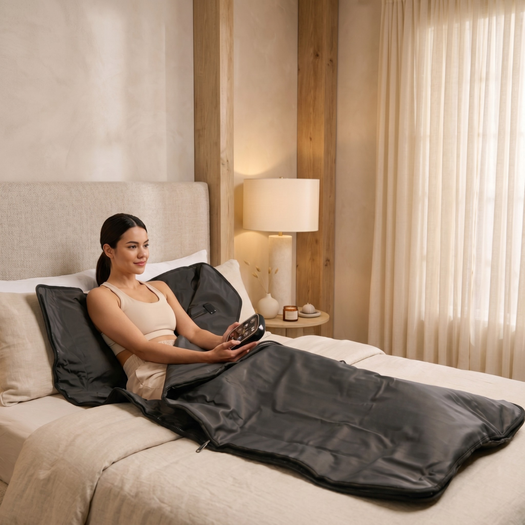 Woman using a handheld controler on her back in a bedroom setting.