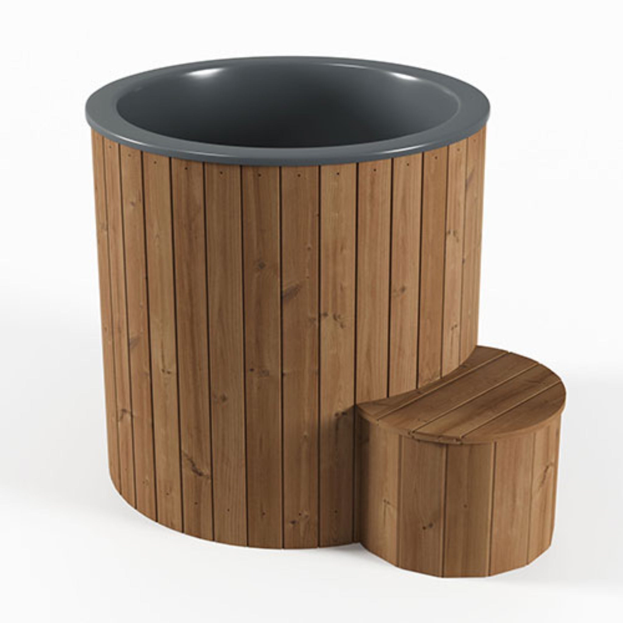 Saunalife S1N Wooden plunge tub with dark gray interior on a white background