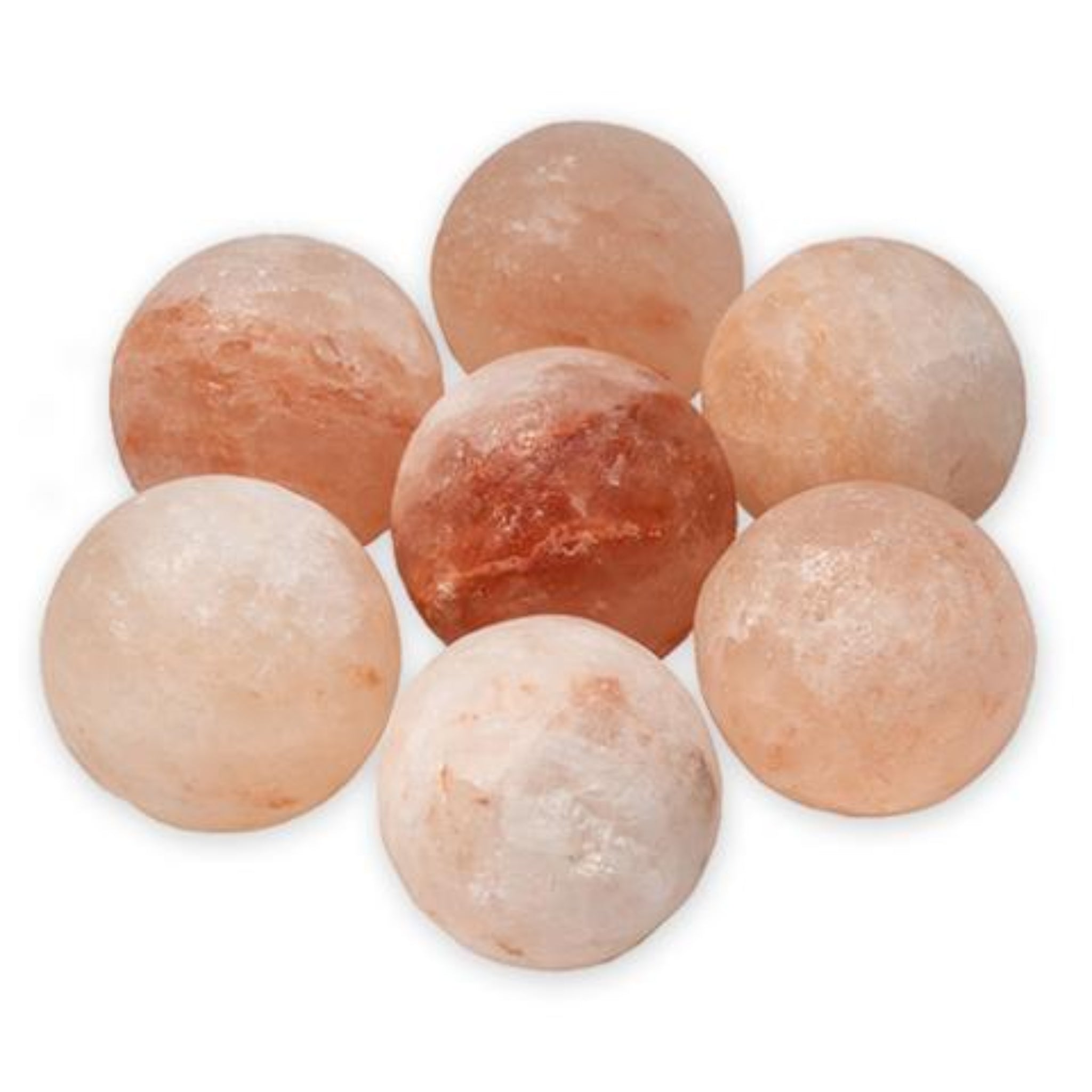 Set of round, beige-pink colored Saunum Himalayan Salt stones on a white background
