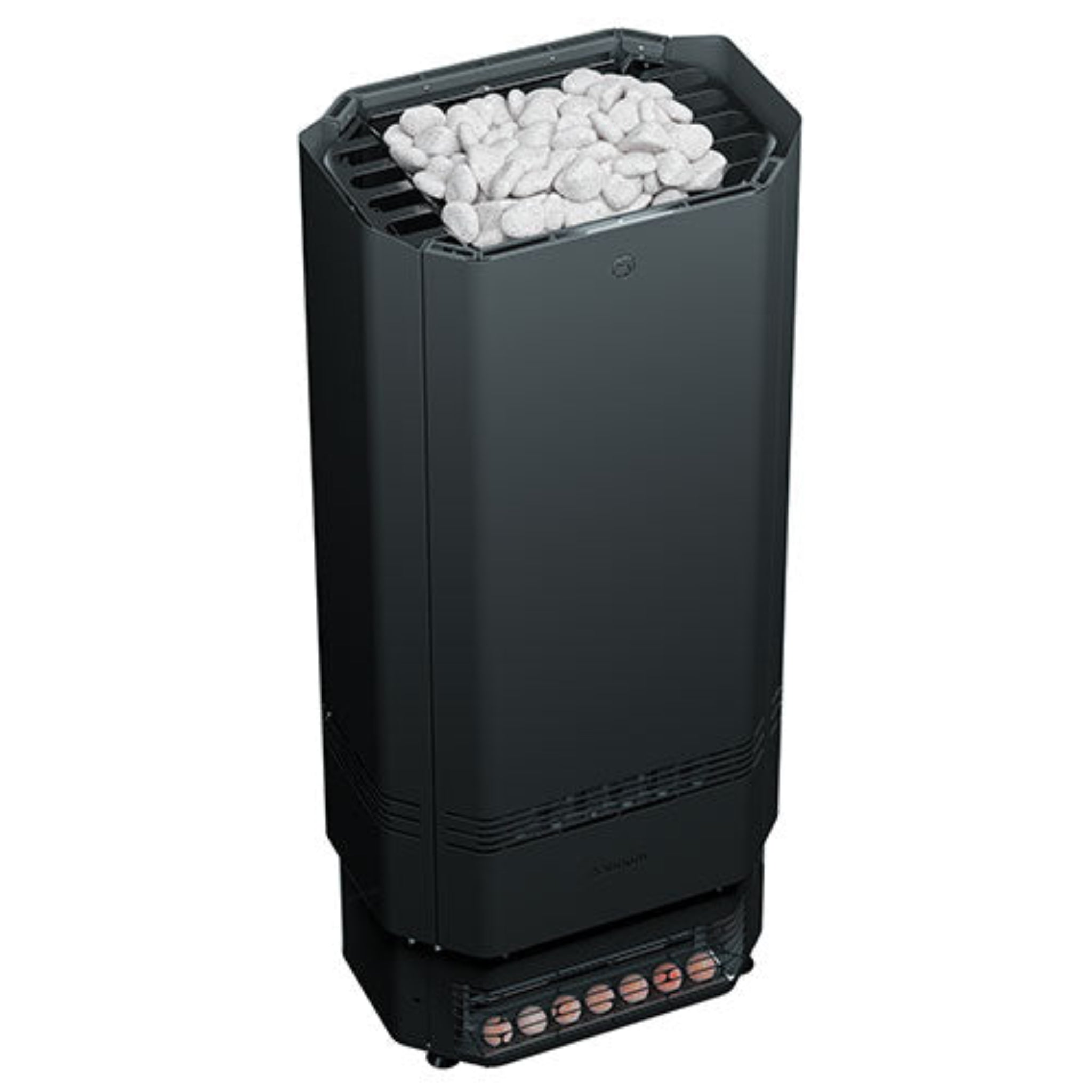 Black Saunum AirPerfect sauna heater with white stones on a white background