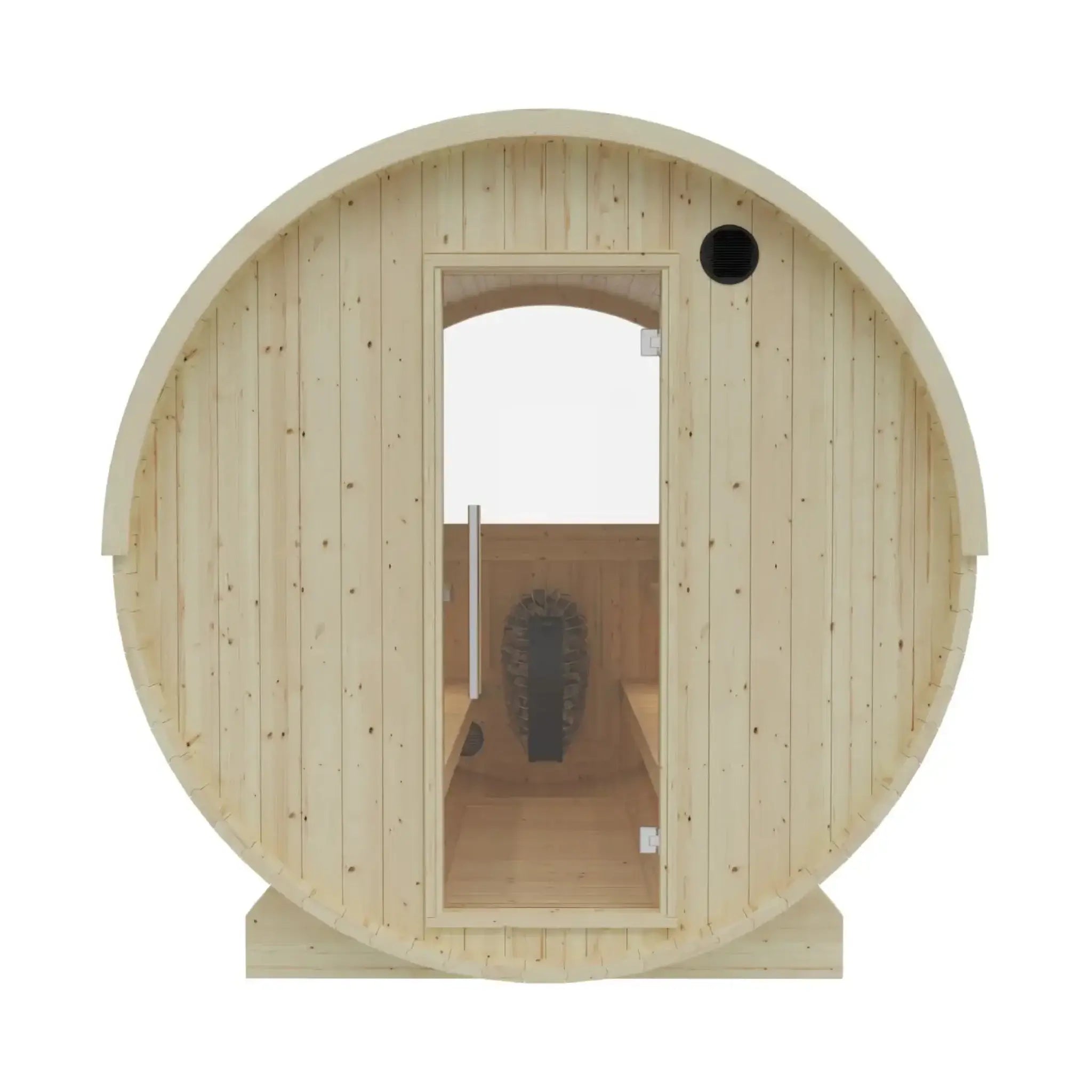 Tampere barrel sauna front door and entry view