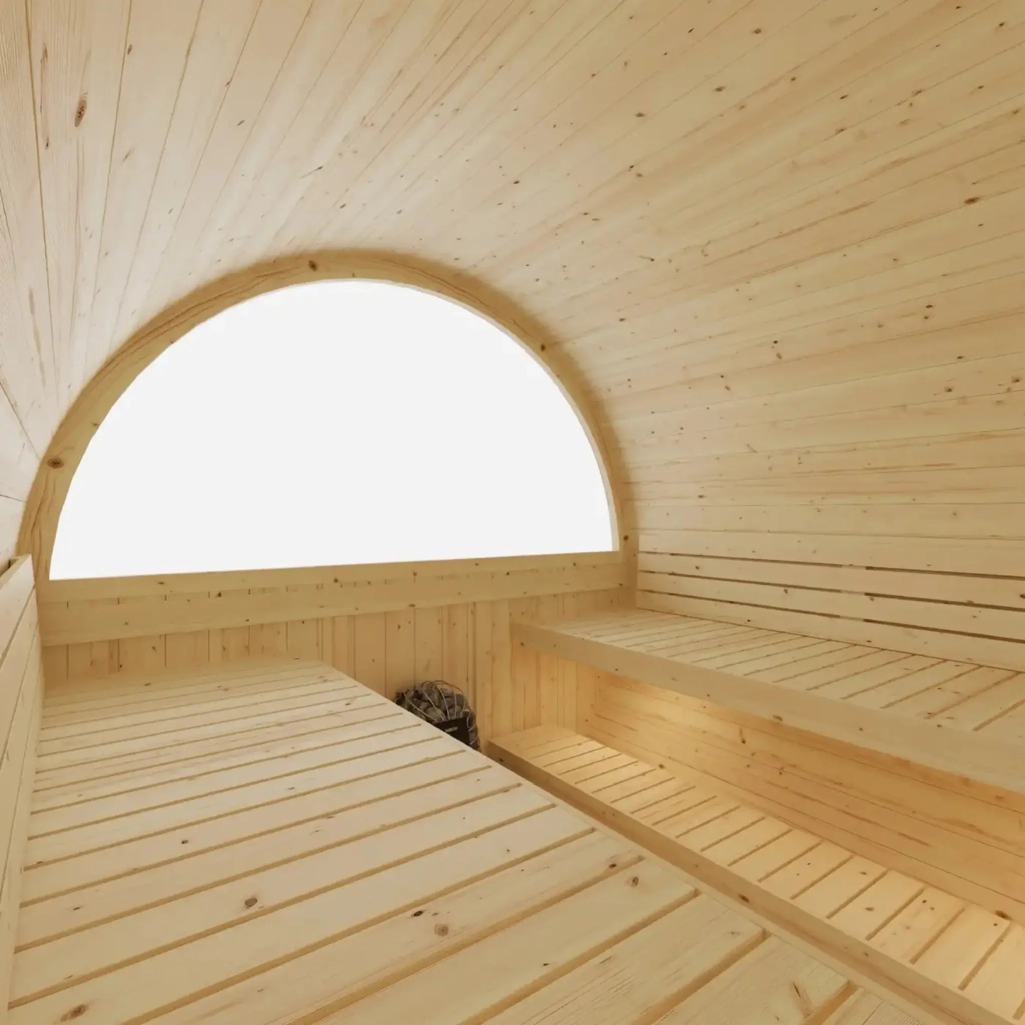 Tampere barrel sauna interior lower bench and duckboard floor