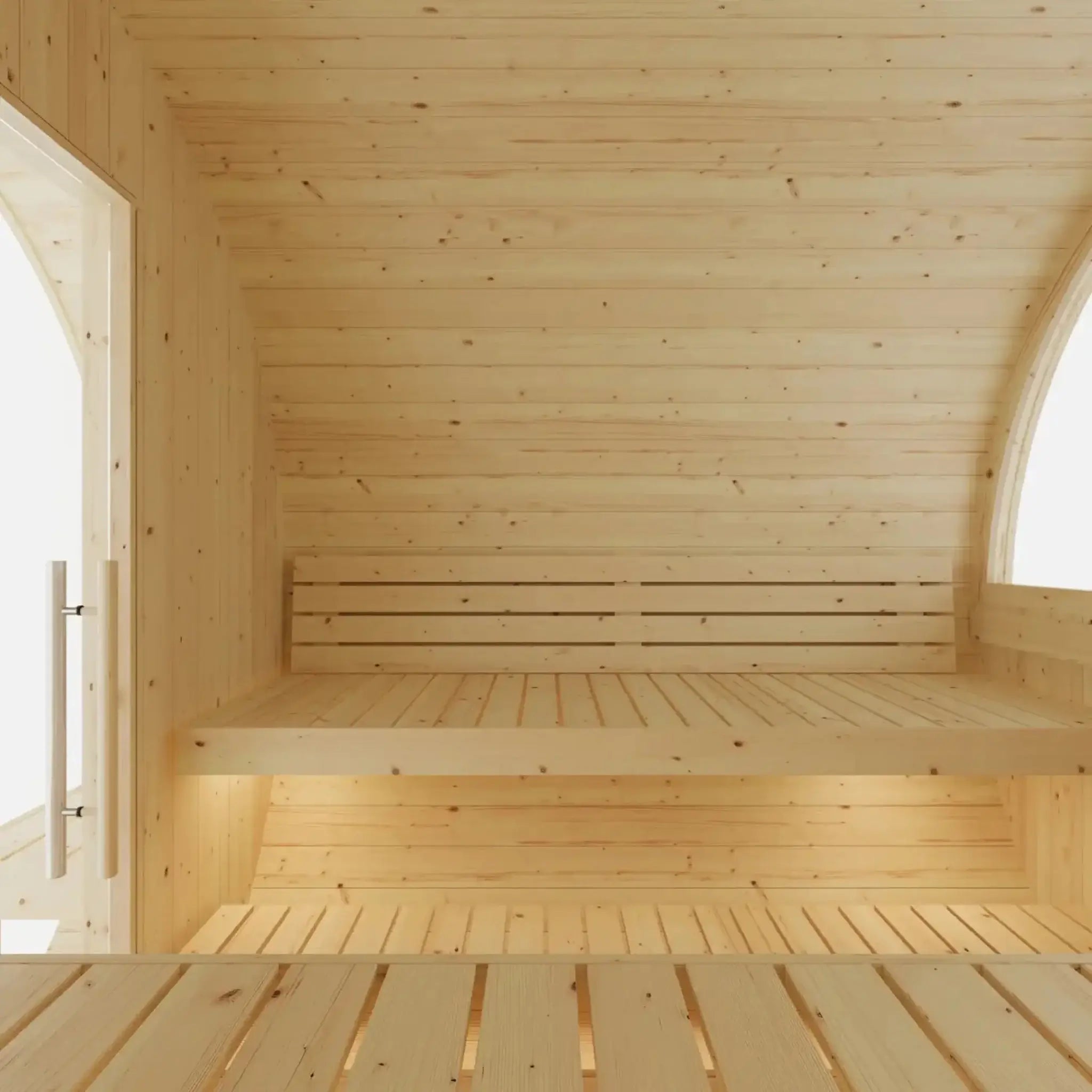 Tampere barrel sauna interior full view with benches and heater