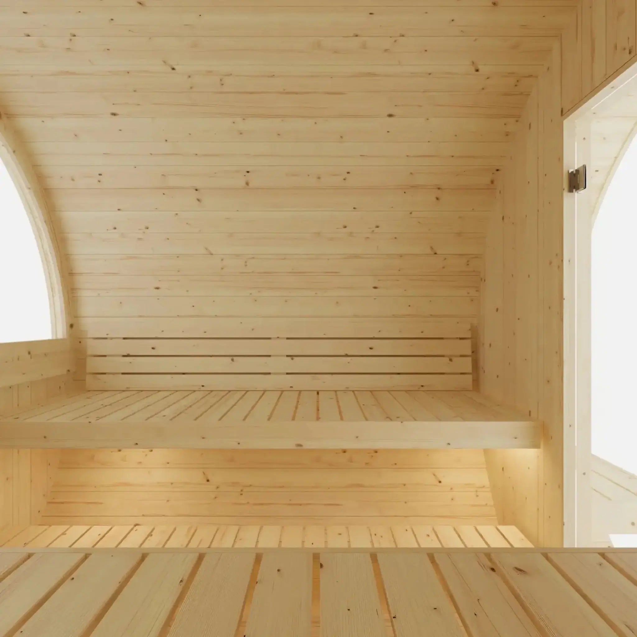Tampere barrel sauna interior lower bench and duckboard floor